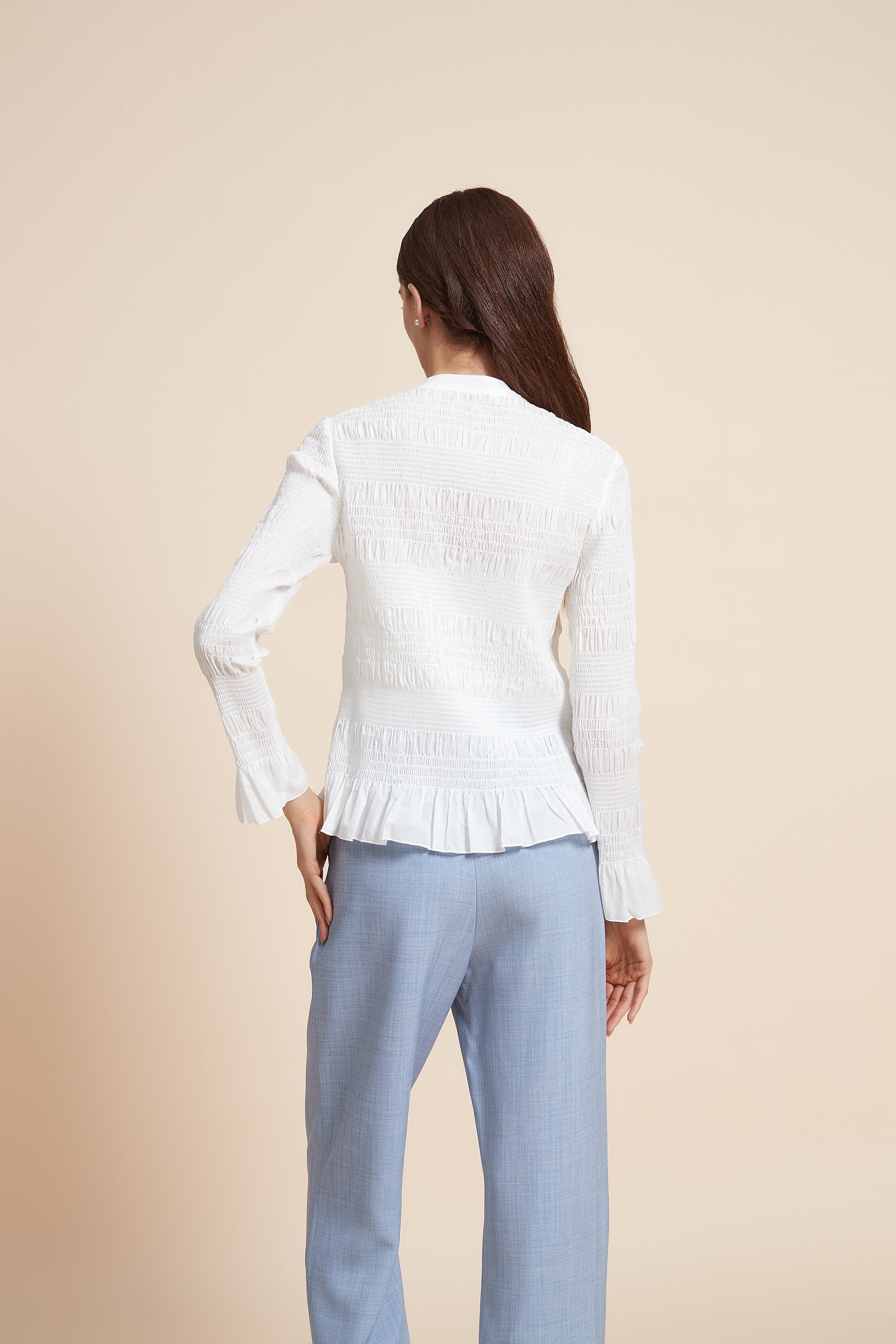 Ruched Plain Blouse With Long Sleeves