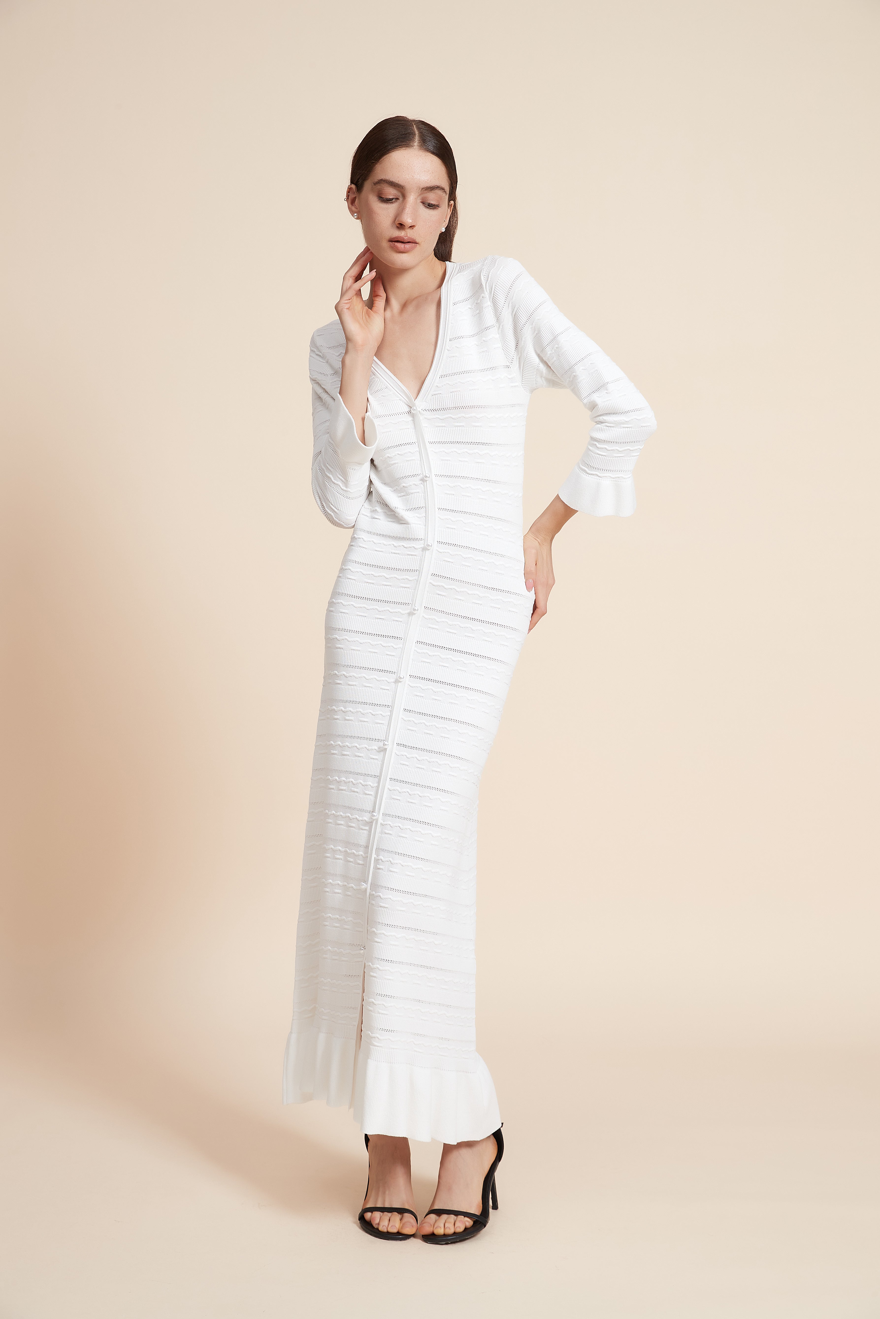 Knitted Maxi Dress With 3/4 Sleeves