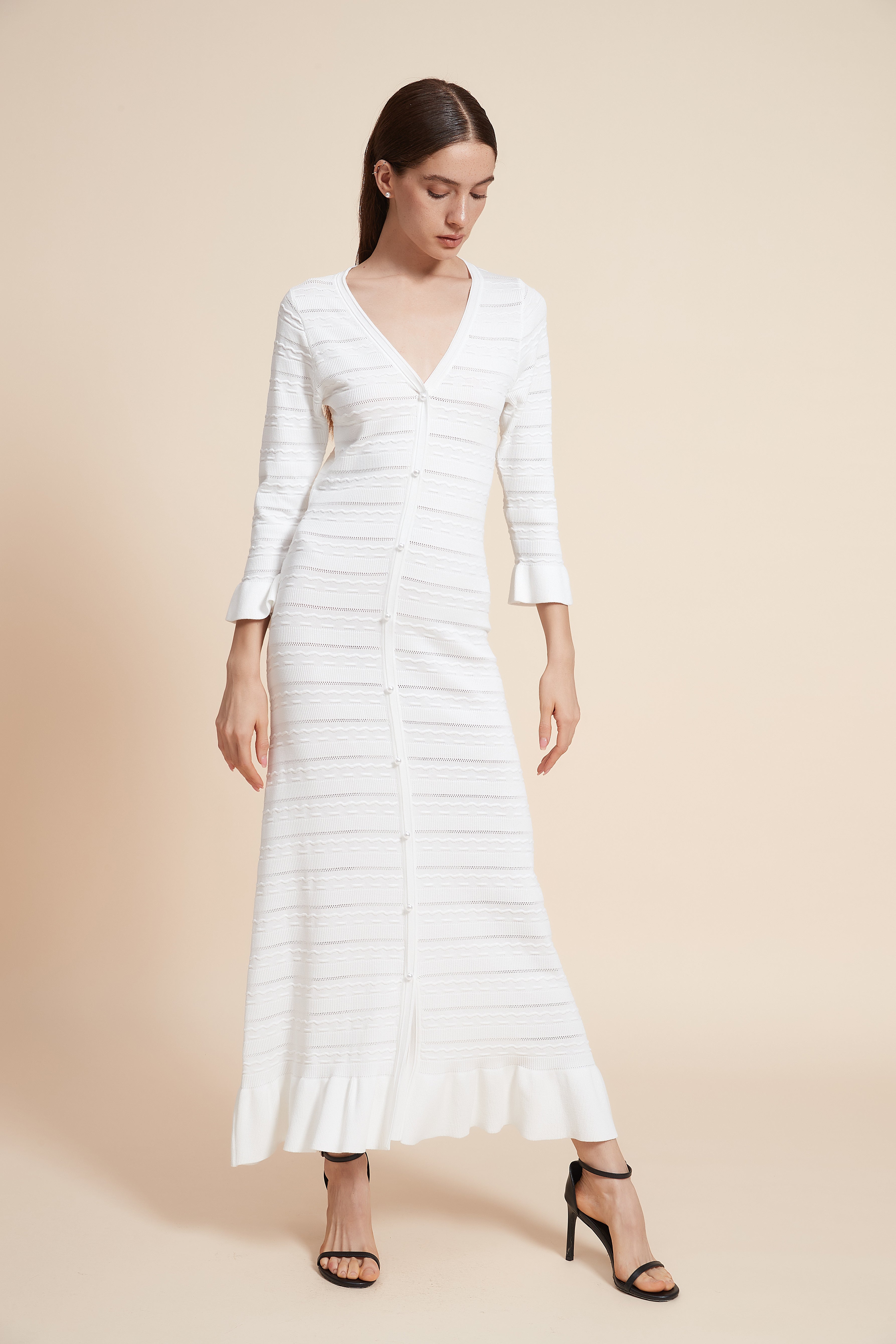 Knitted Maxi Dress With 3/4 Sleeves