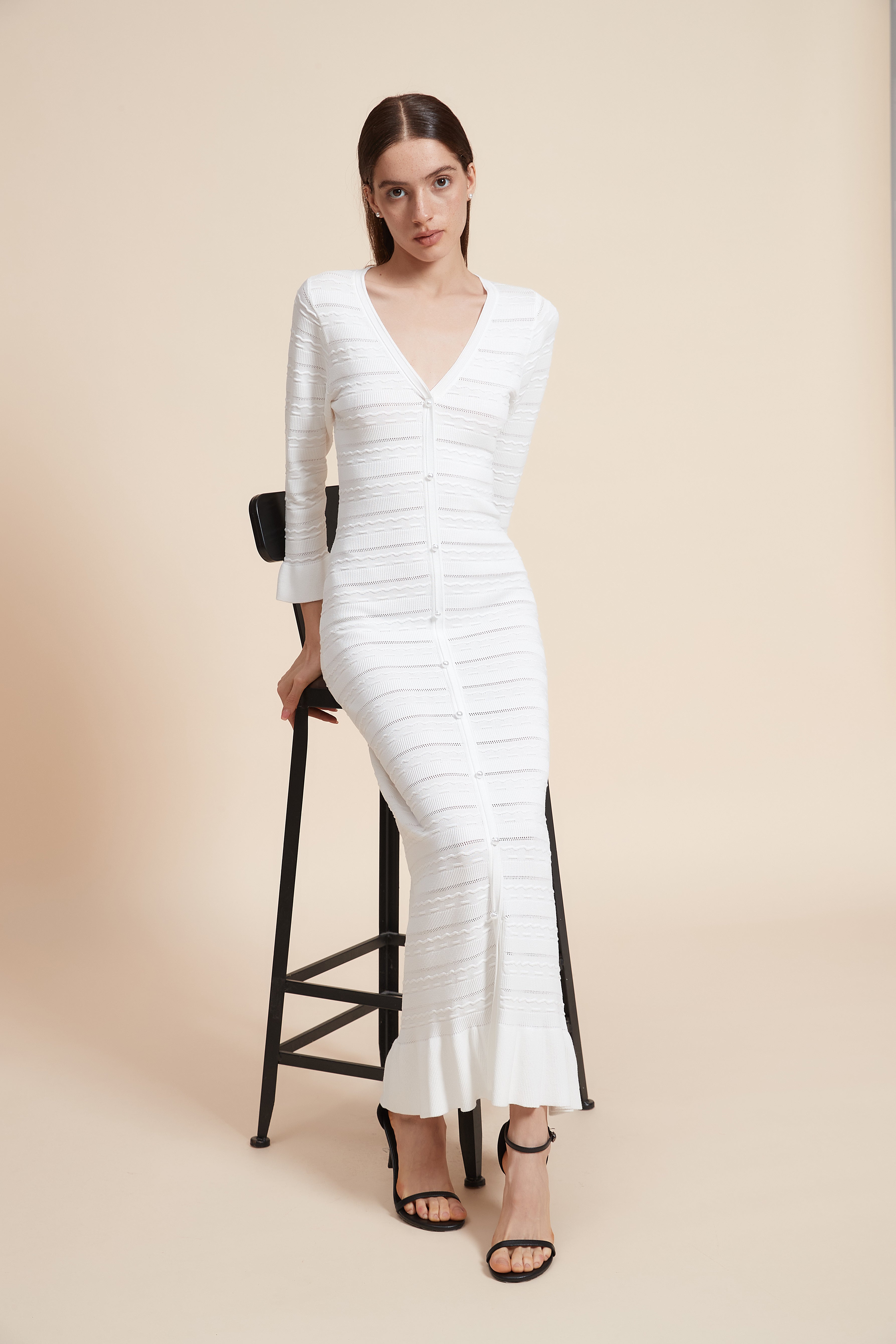 Knitted Maxi Dress With 3/4 Sleeves