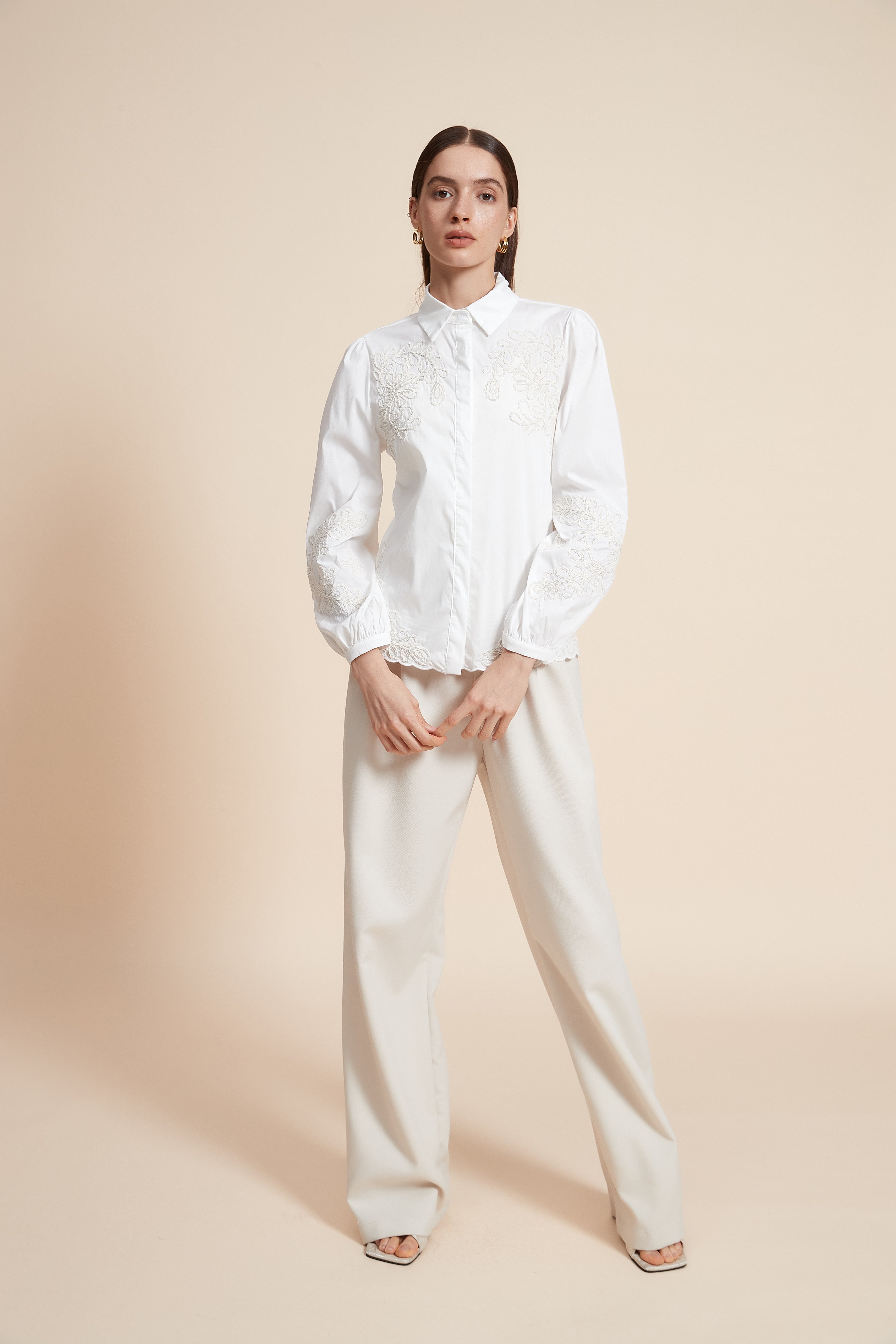 Embroidered Long Sleeve Blouse with Shirt Collar
