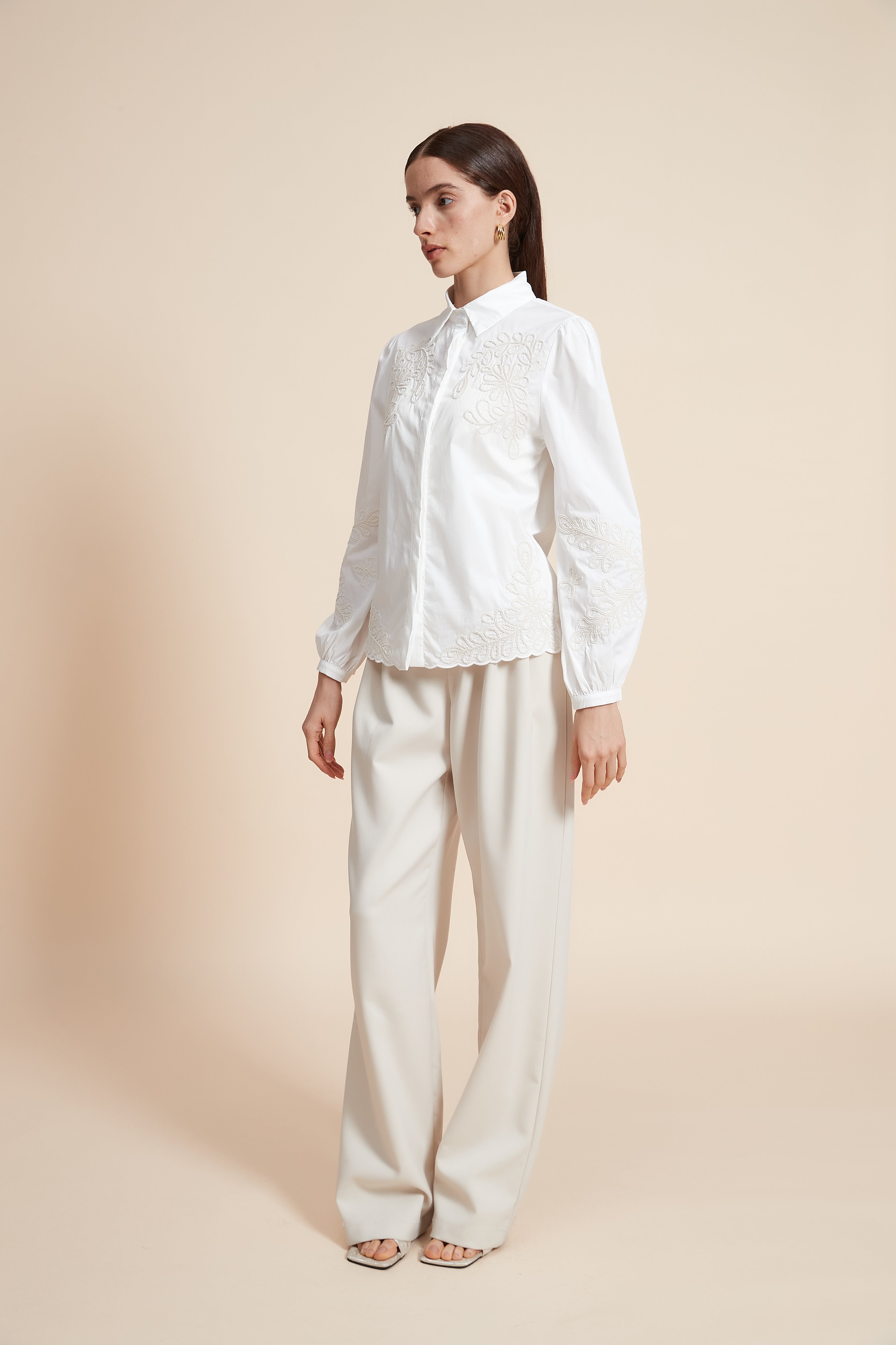 Embroidered Long Sleeve Blouse with Shirt Collar