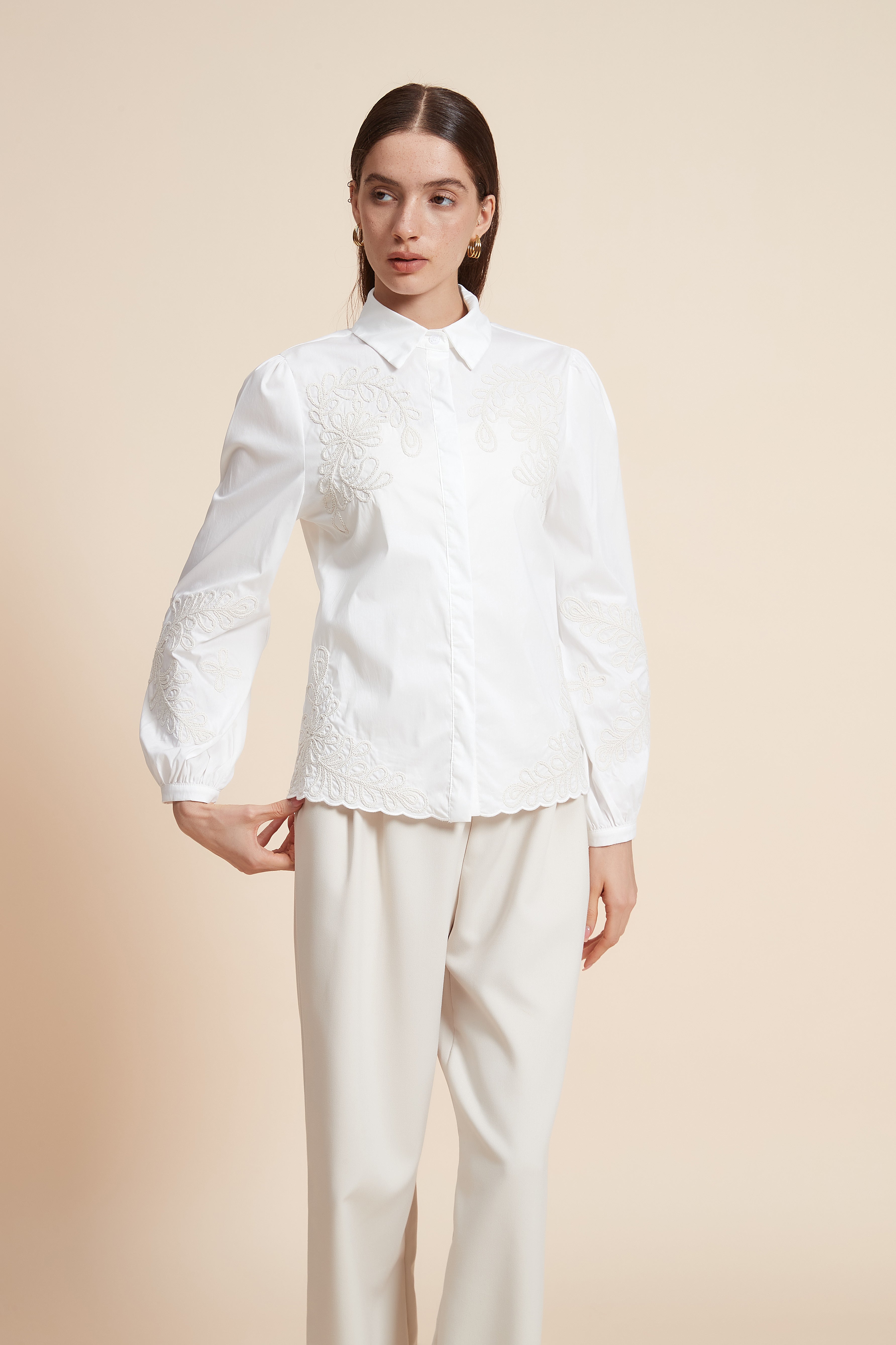 Embroidered Long Sleeve Blouse with Shirt Collar