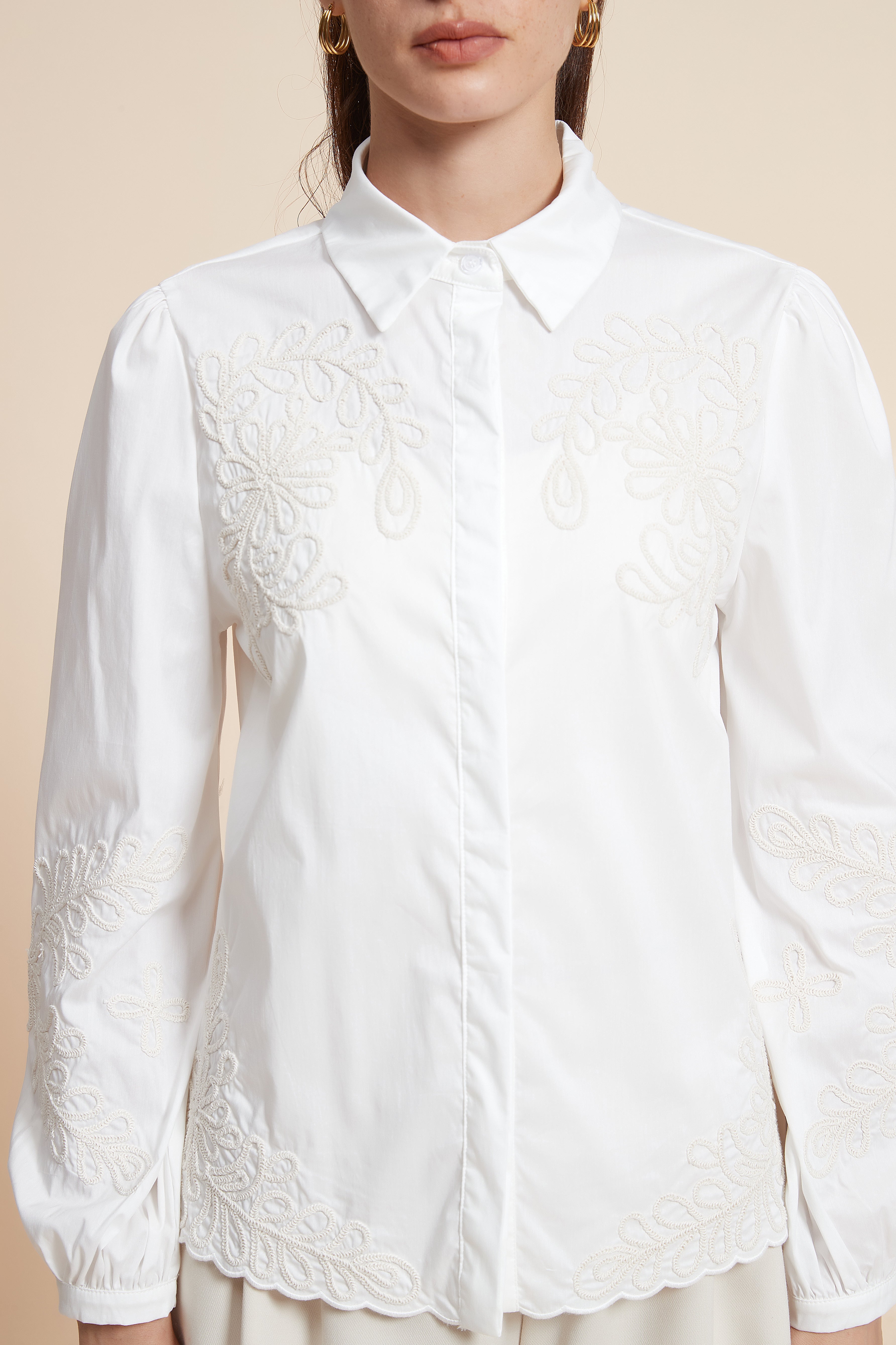 Embroidered Long Sleeve Blouse with Shirt Collar