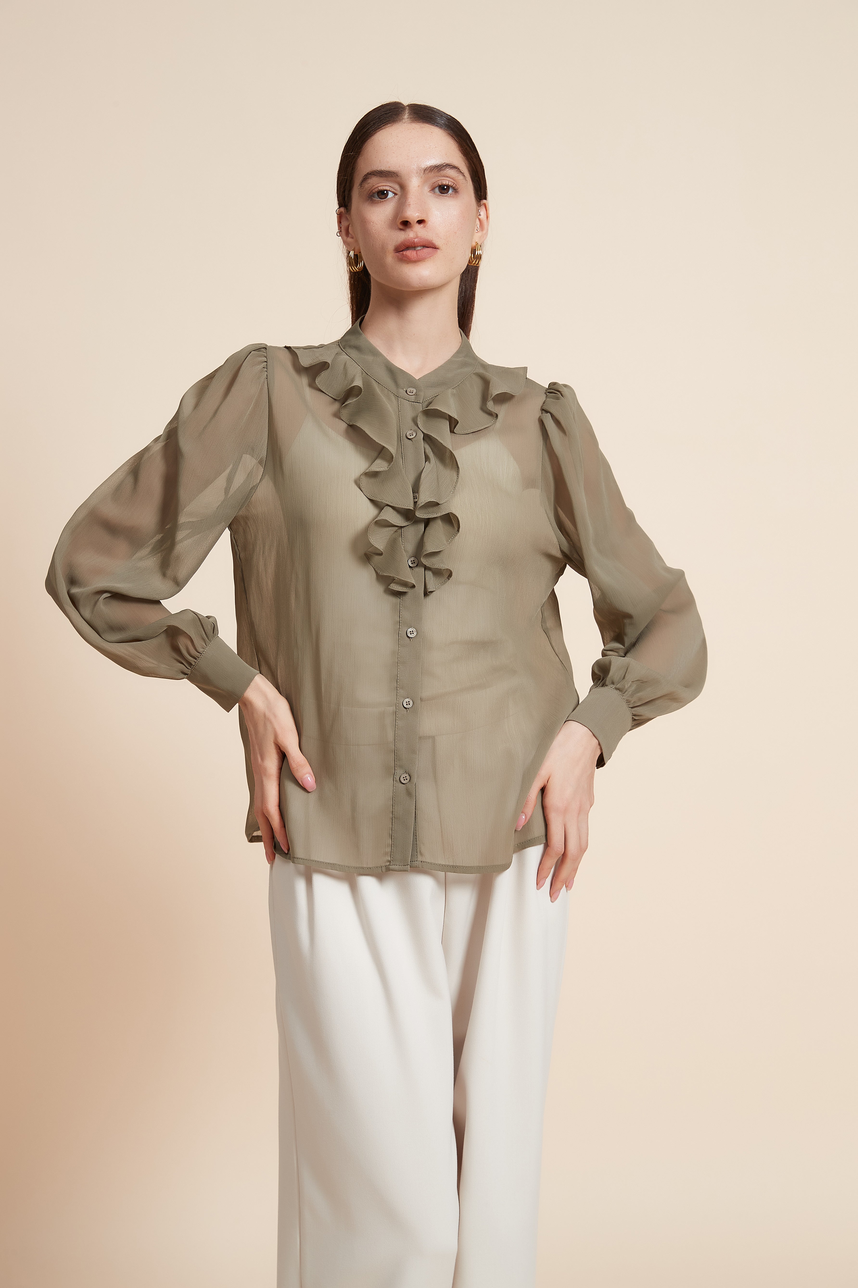 Ruched Blouse With Wide Long Sleeves
