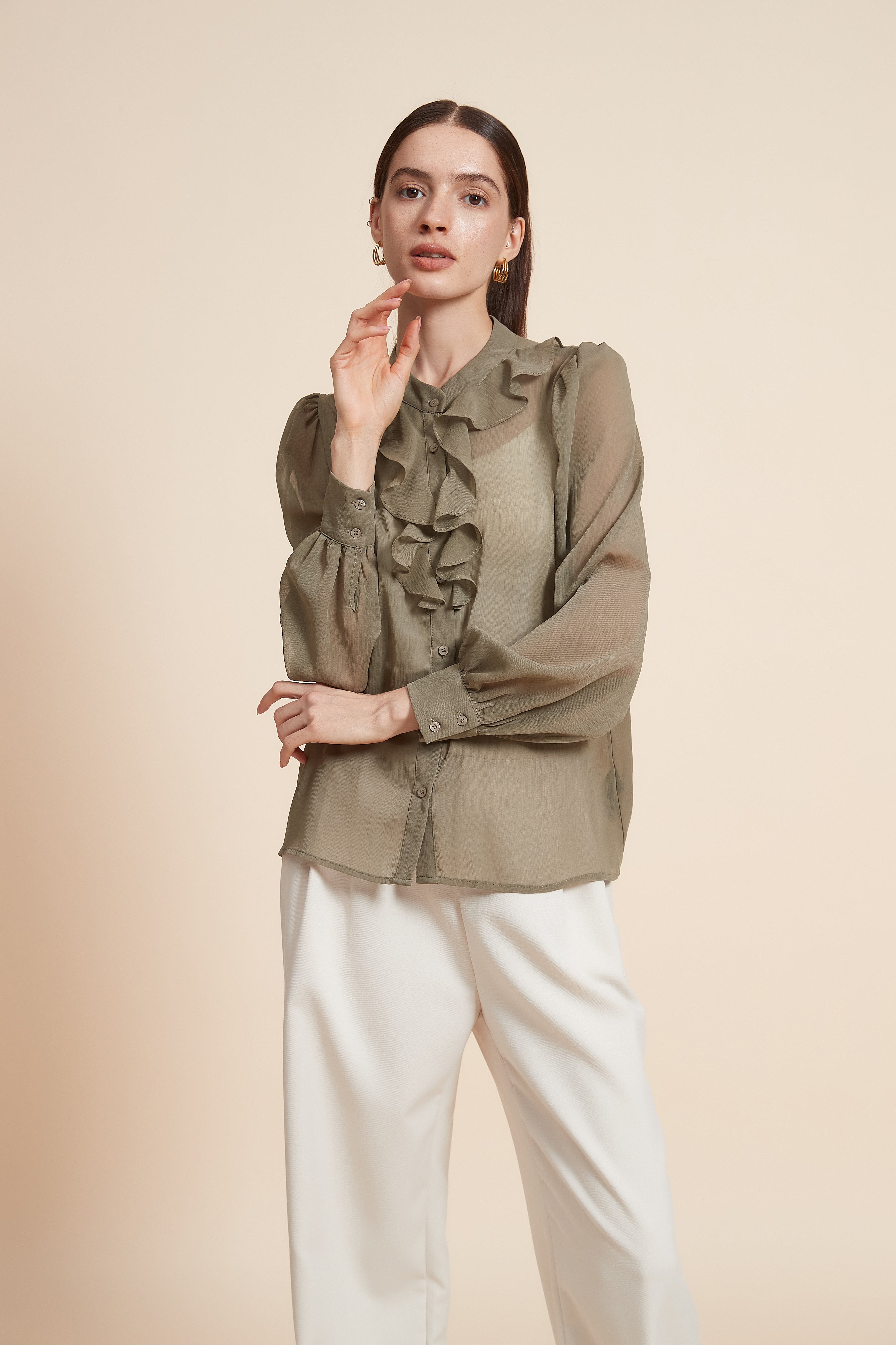 Ruched Blouse With Wide Long Sleeves
