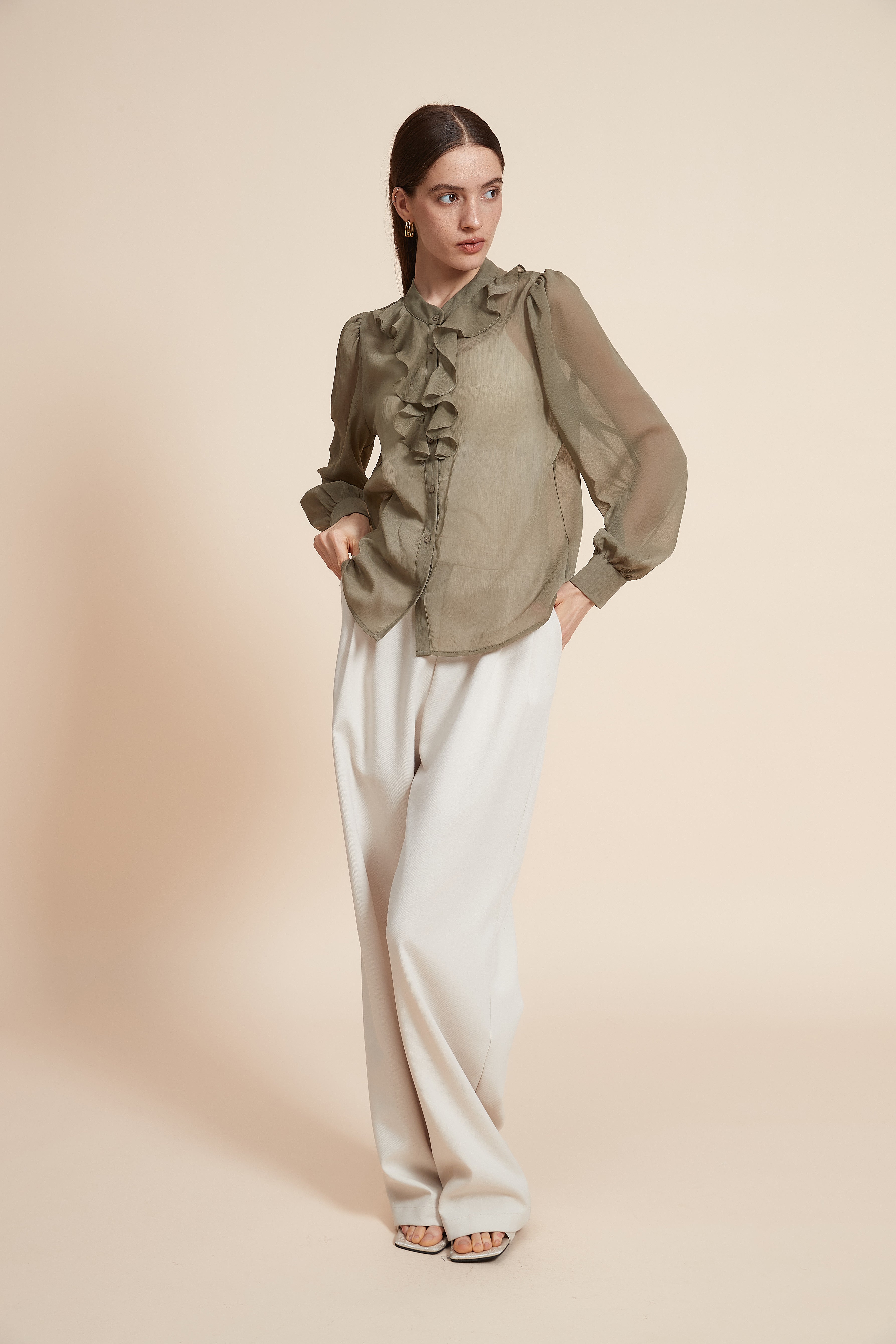 Ruched Blouse With Wide Long Sleeves