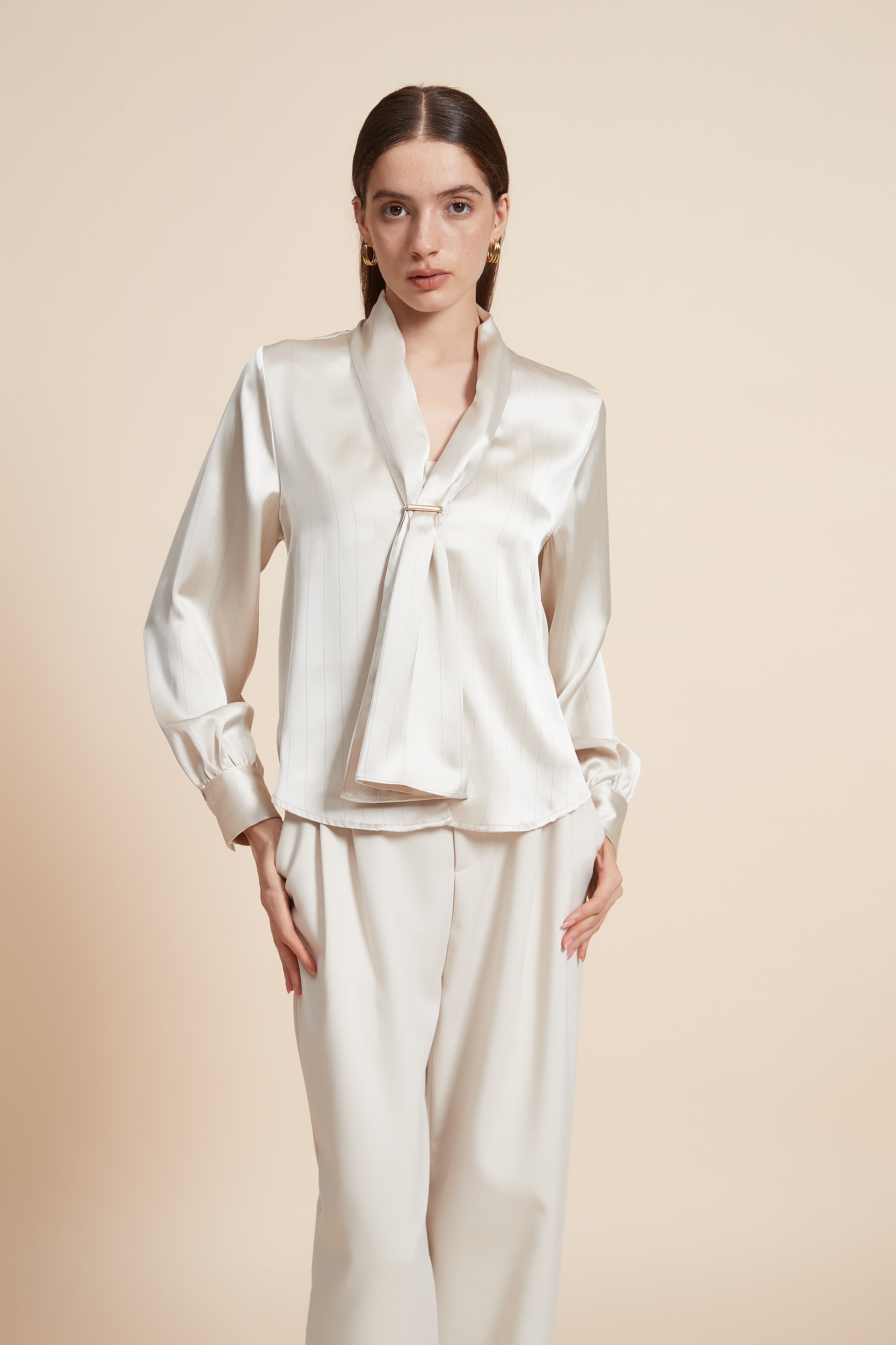 Plain Long Sleeve Blouse with Neck Tie