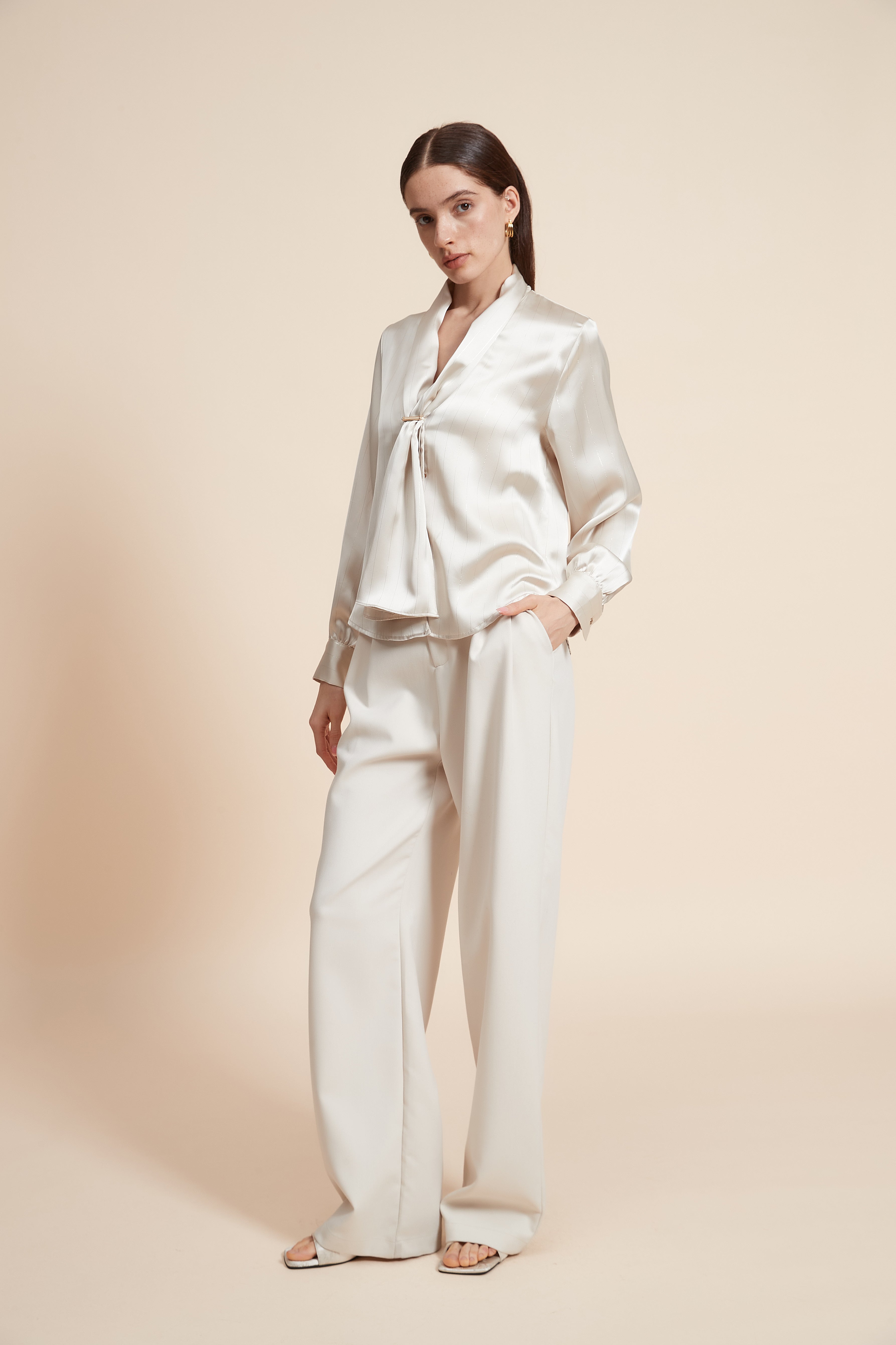 Plain Long Sleeve Blouse with Neck Tie