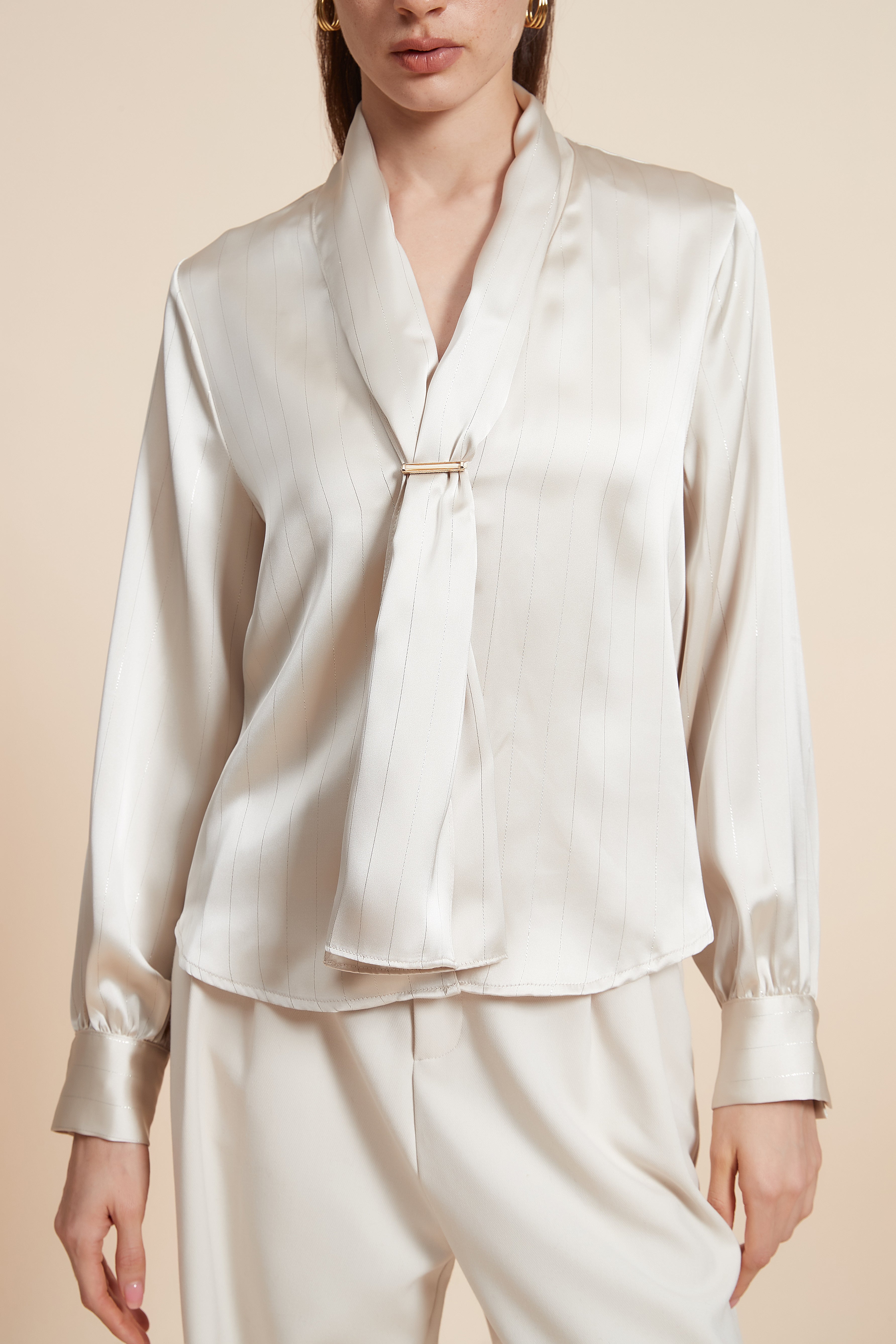 Plain Long Sleeve Blouse with Neck Tie