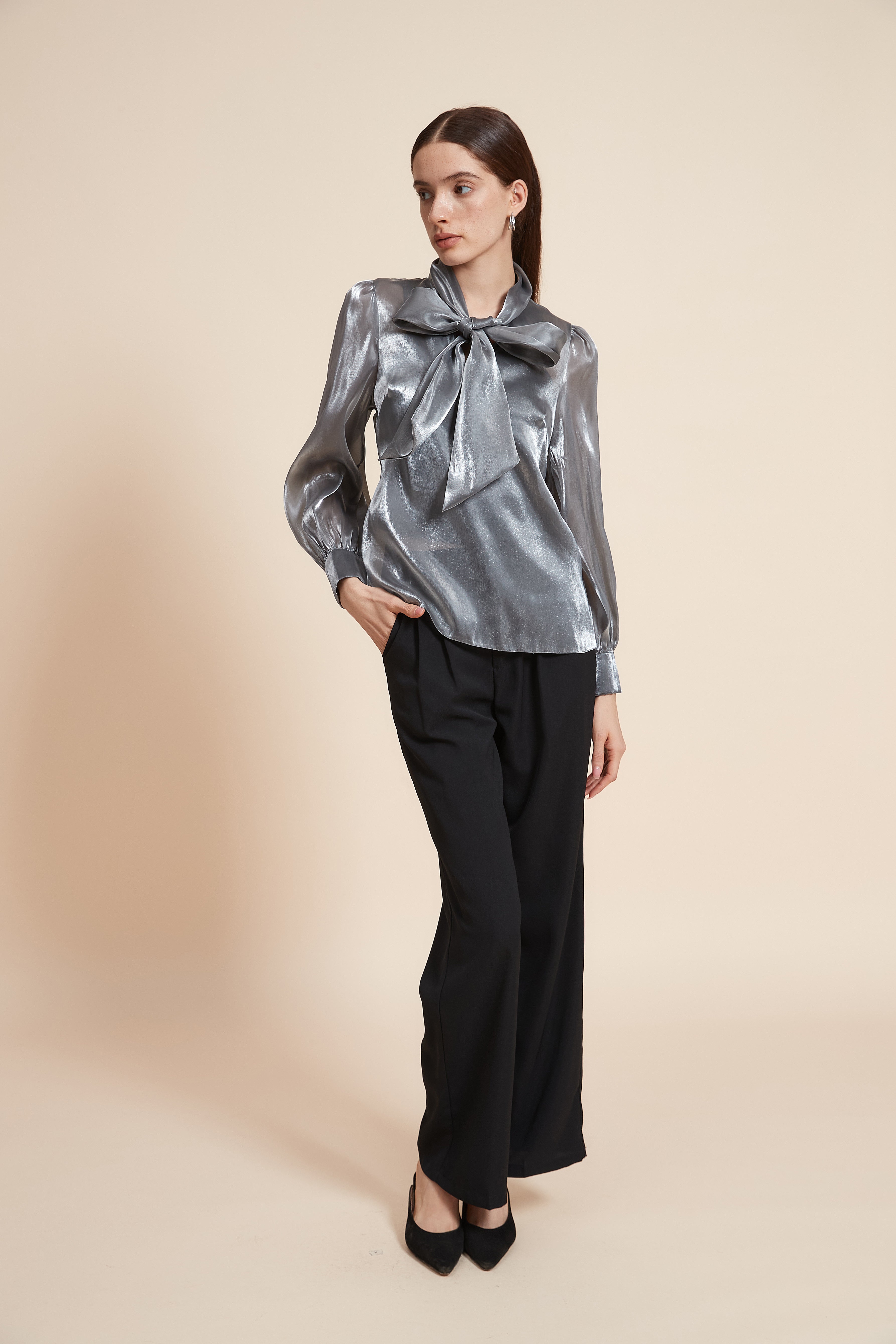 Mid-Length Long Sleeve Blouse with Tie