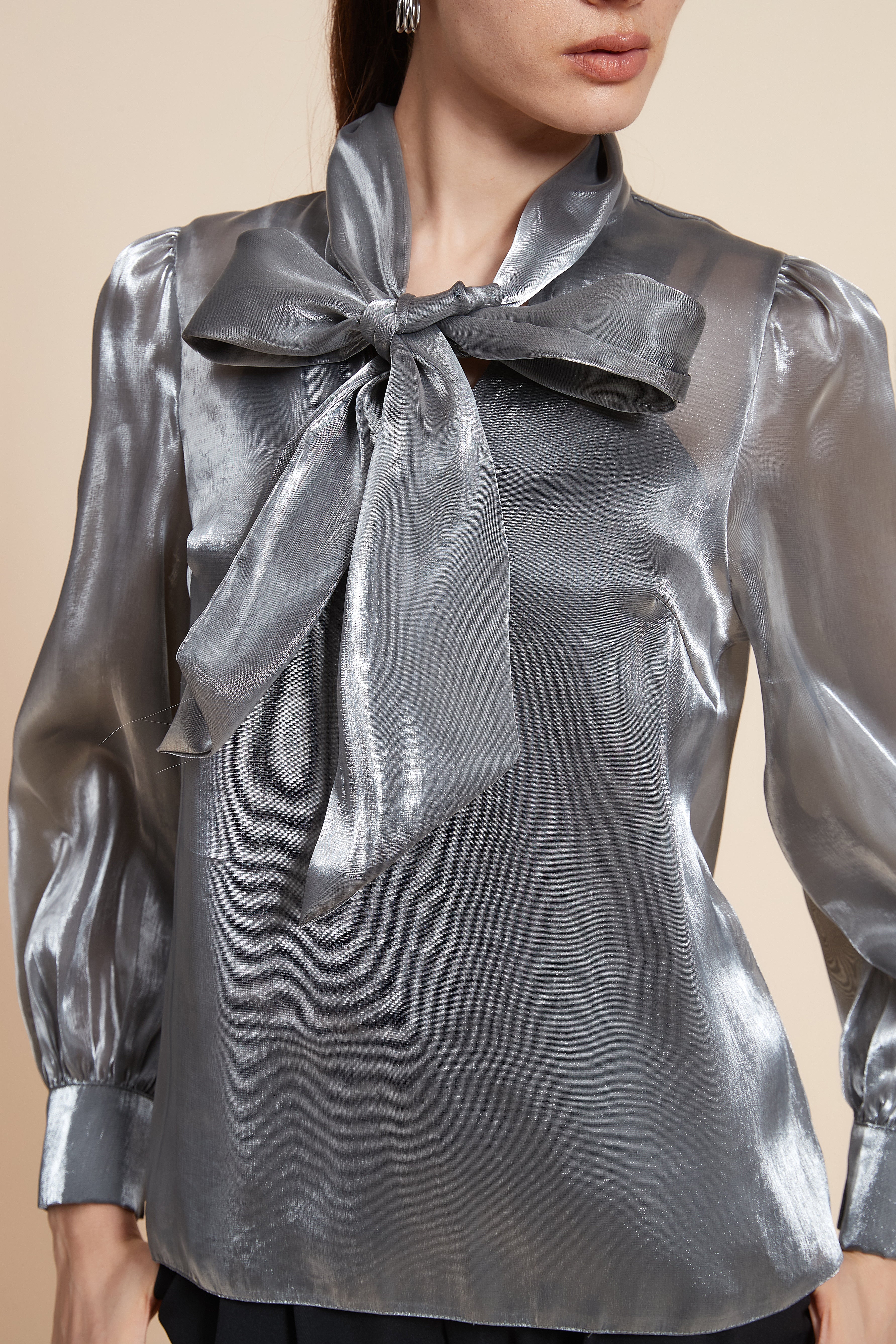 Mid-Length Long Sleeve Blouse with Tie