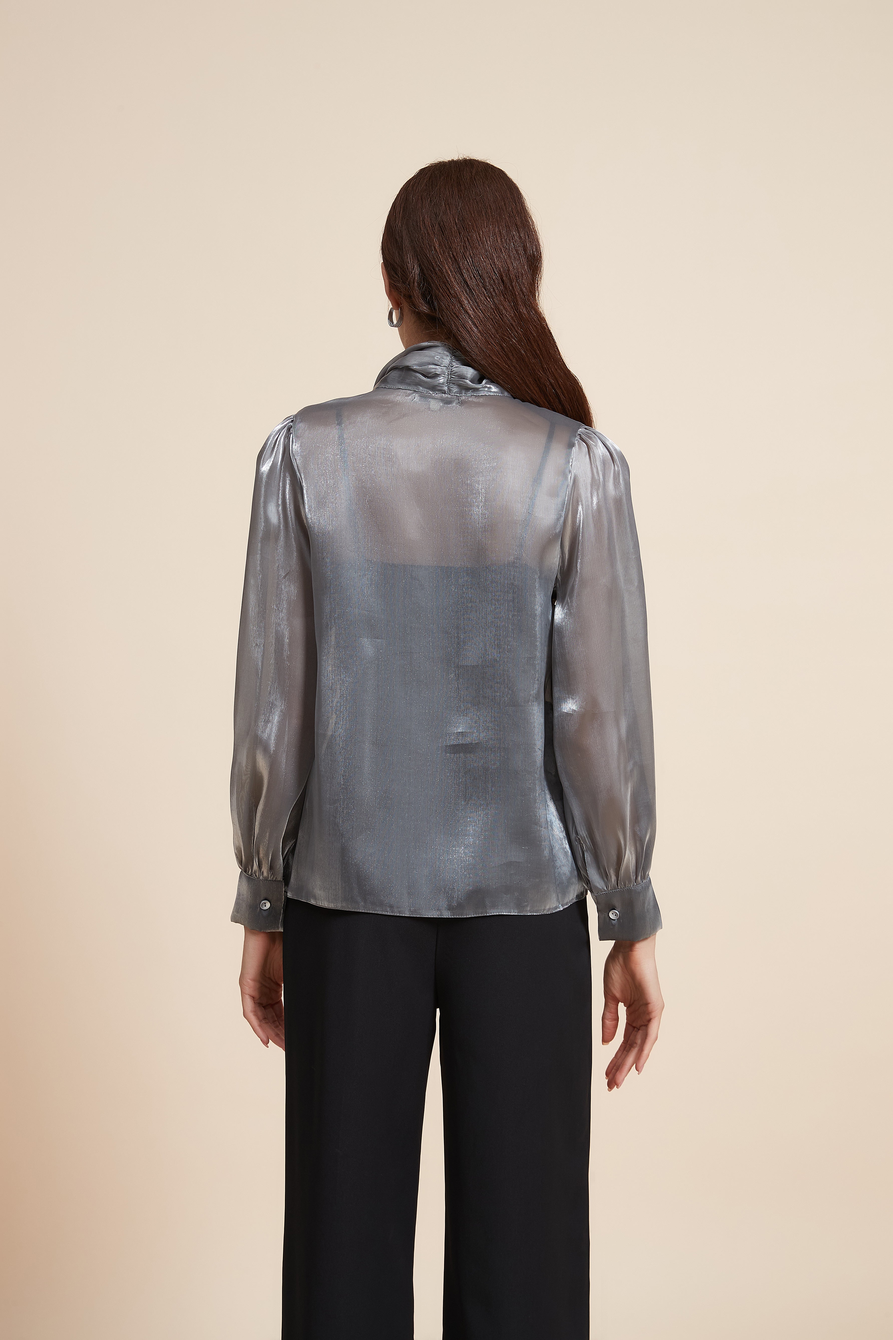 Mid-Length Long Sleeve Blouse with Tie