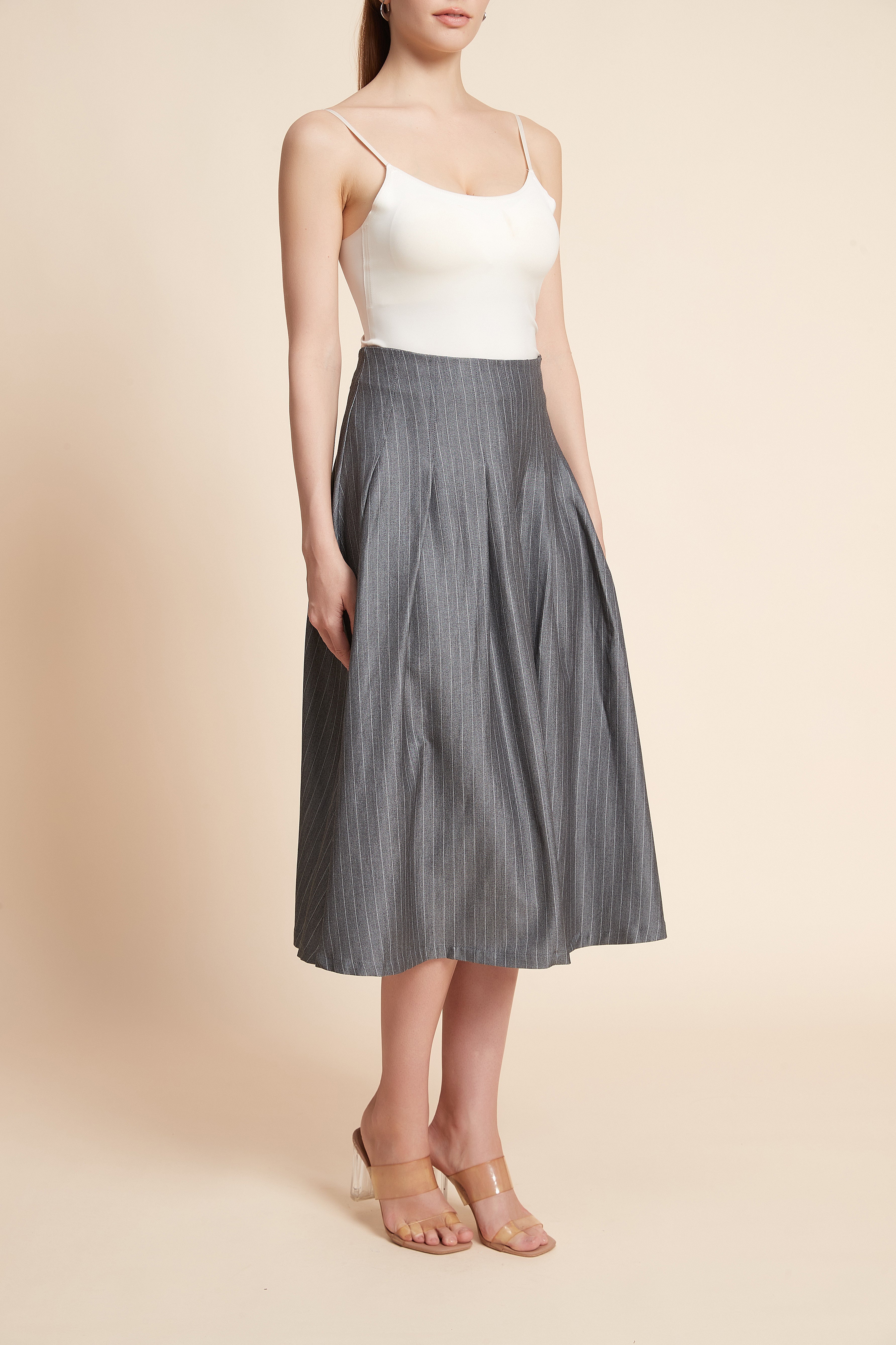 Striped Pleated Midi Skirt