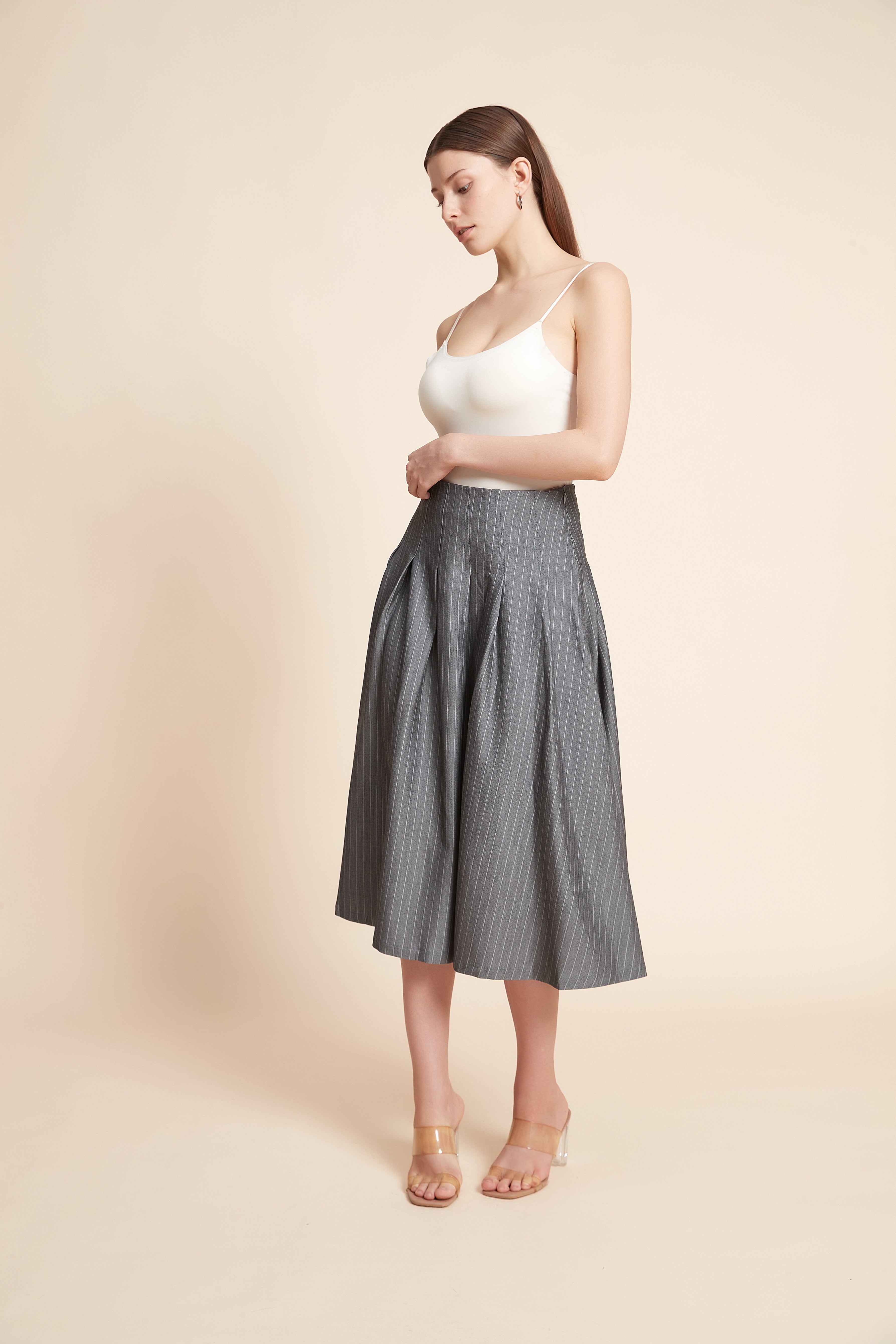 Striped Pleated Midi Skirt