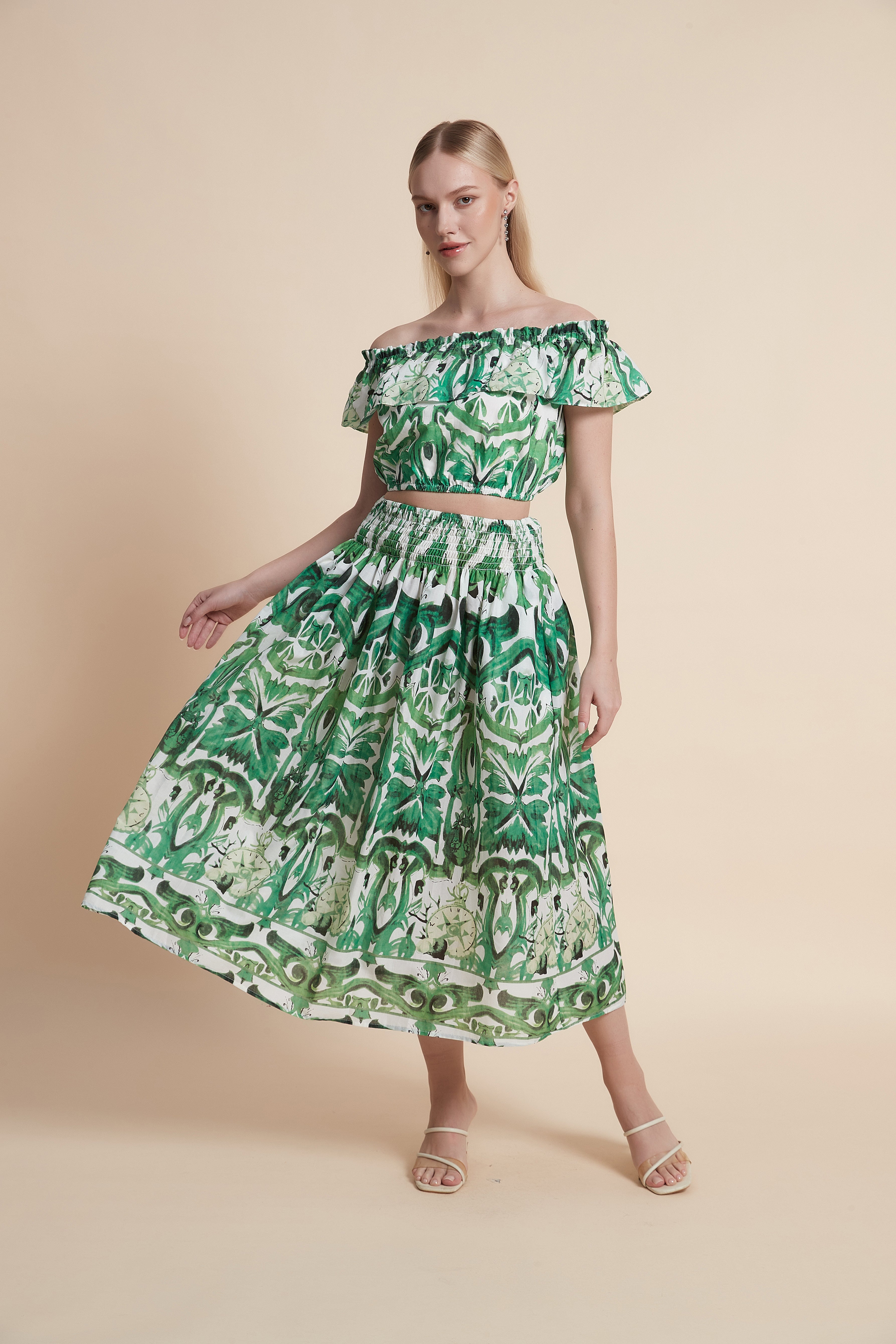 Patterned Short-Sleeve Midi Dress
