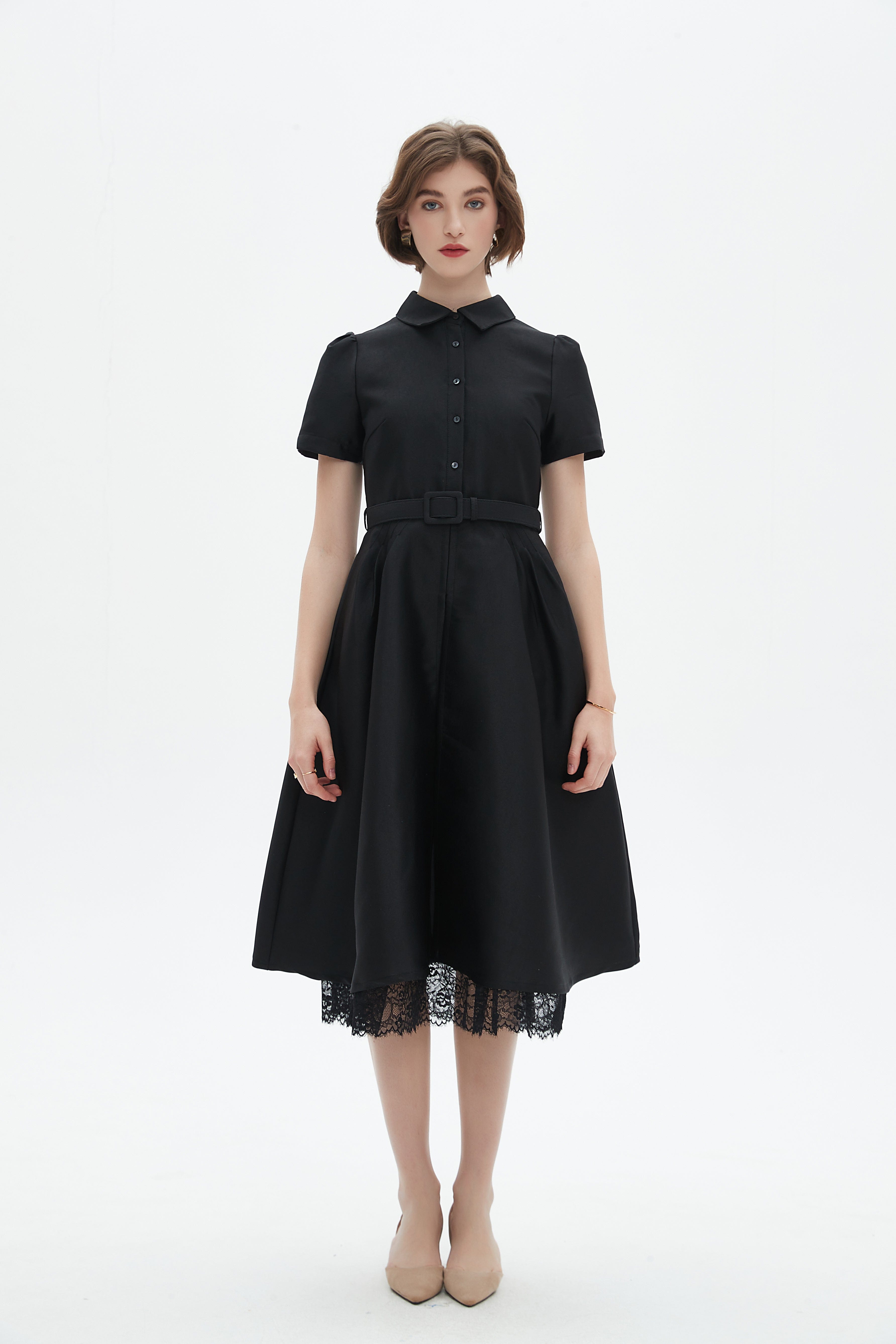 Knee-Length Half-Sleeve Dress With Lace Detailing