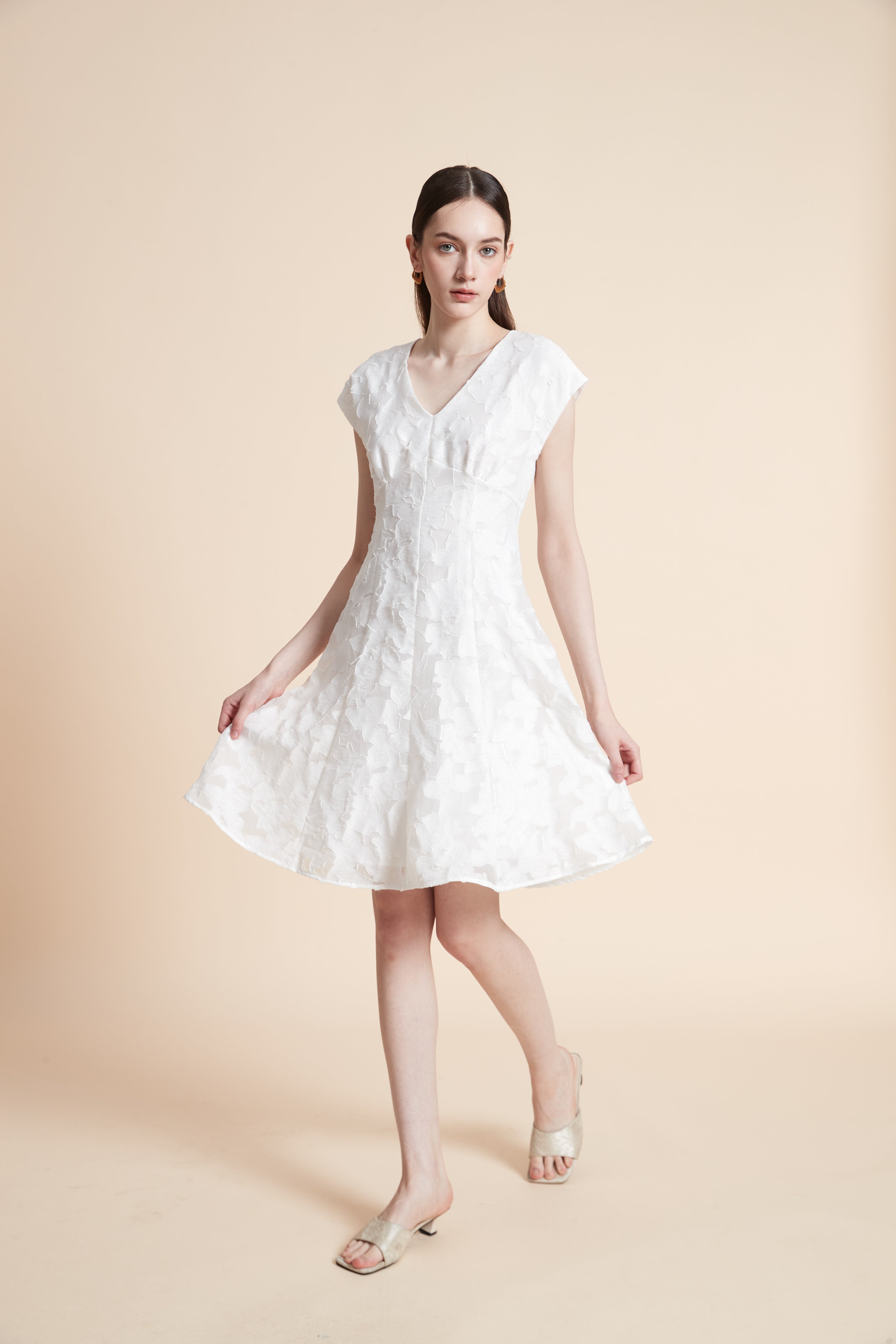 Knee-Length Embroidered Dress with Short Sleeves