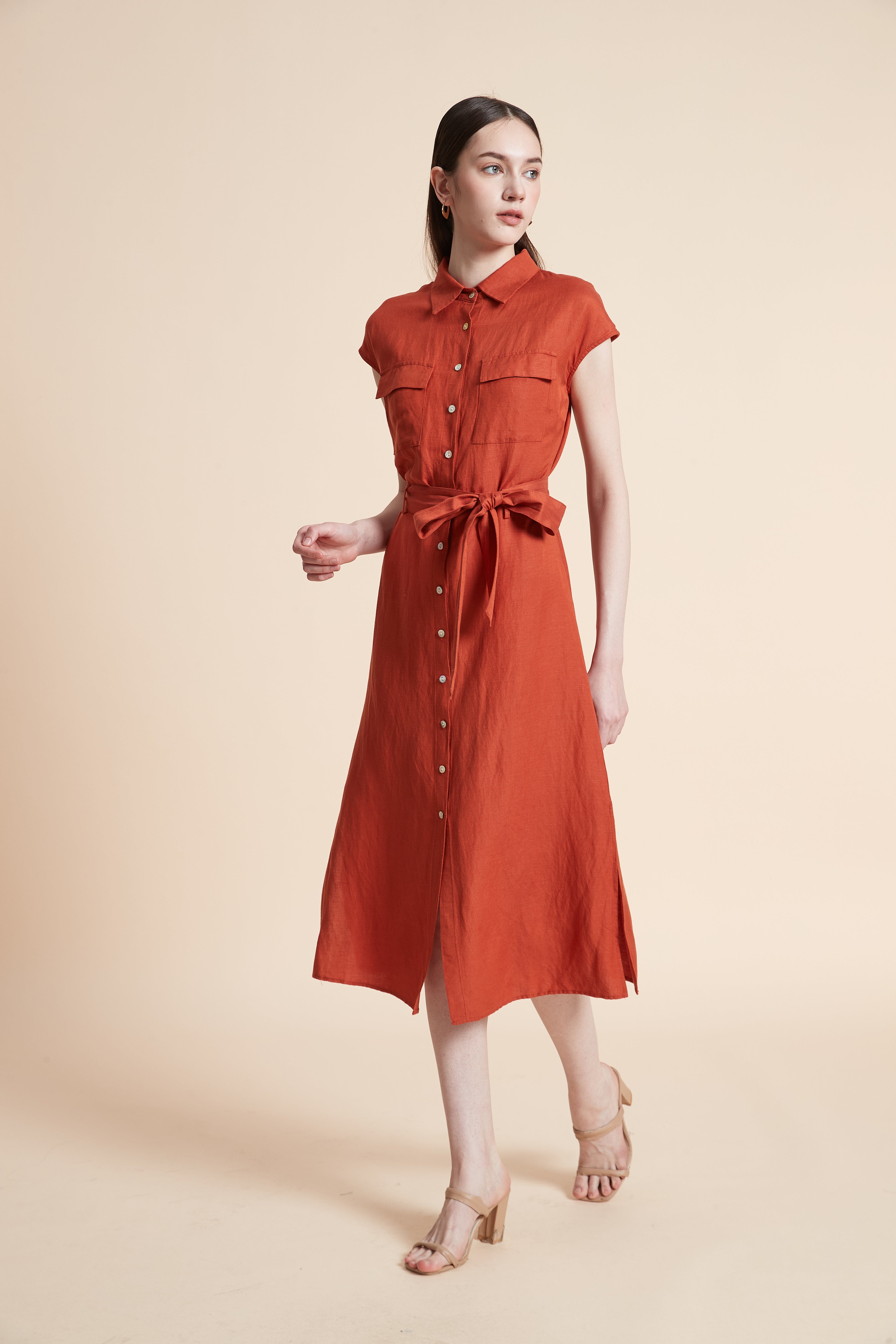 Midi Dress with Waist Tie and Short Sleeves