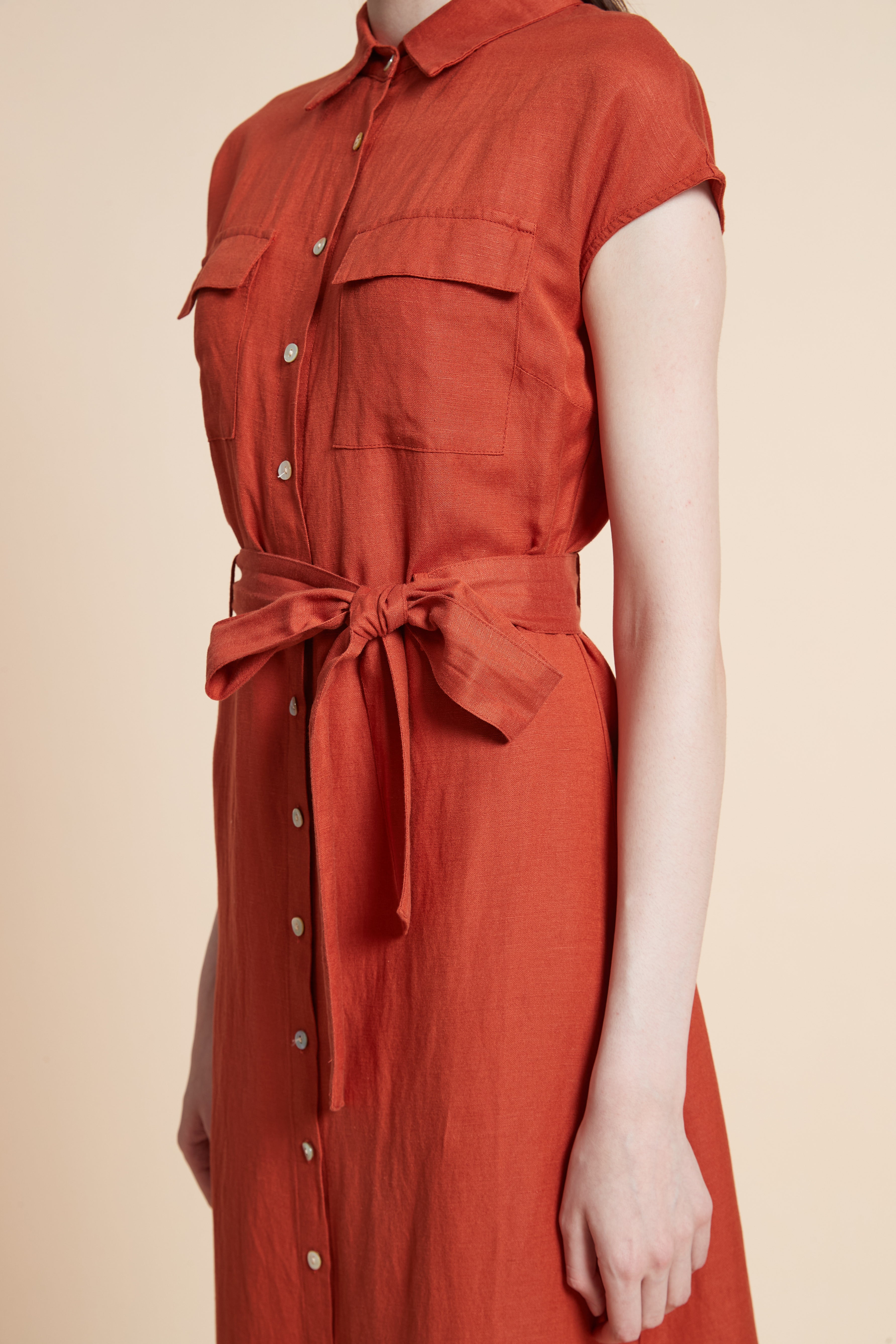 Midi Dress with Waist Tie and Short Sleeves