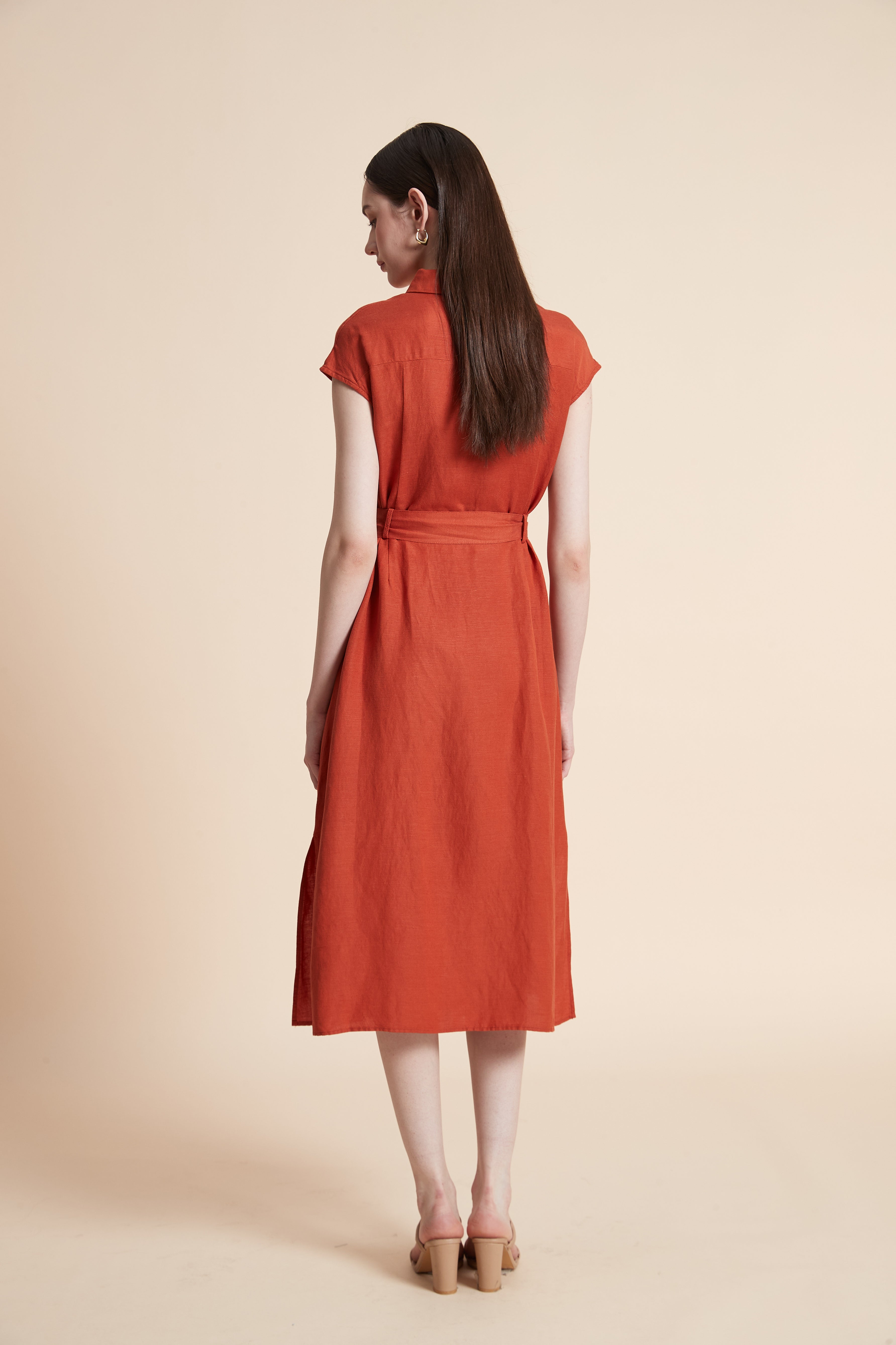 Midi Dress with Waist Tie and Short Sleeves
