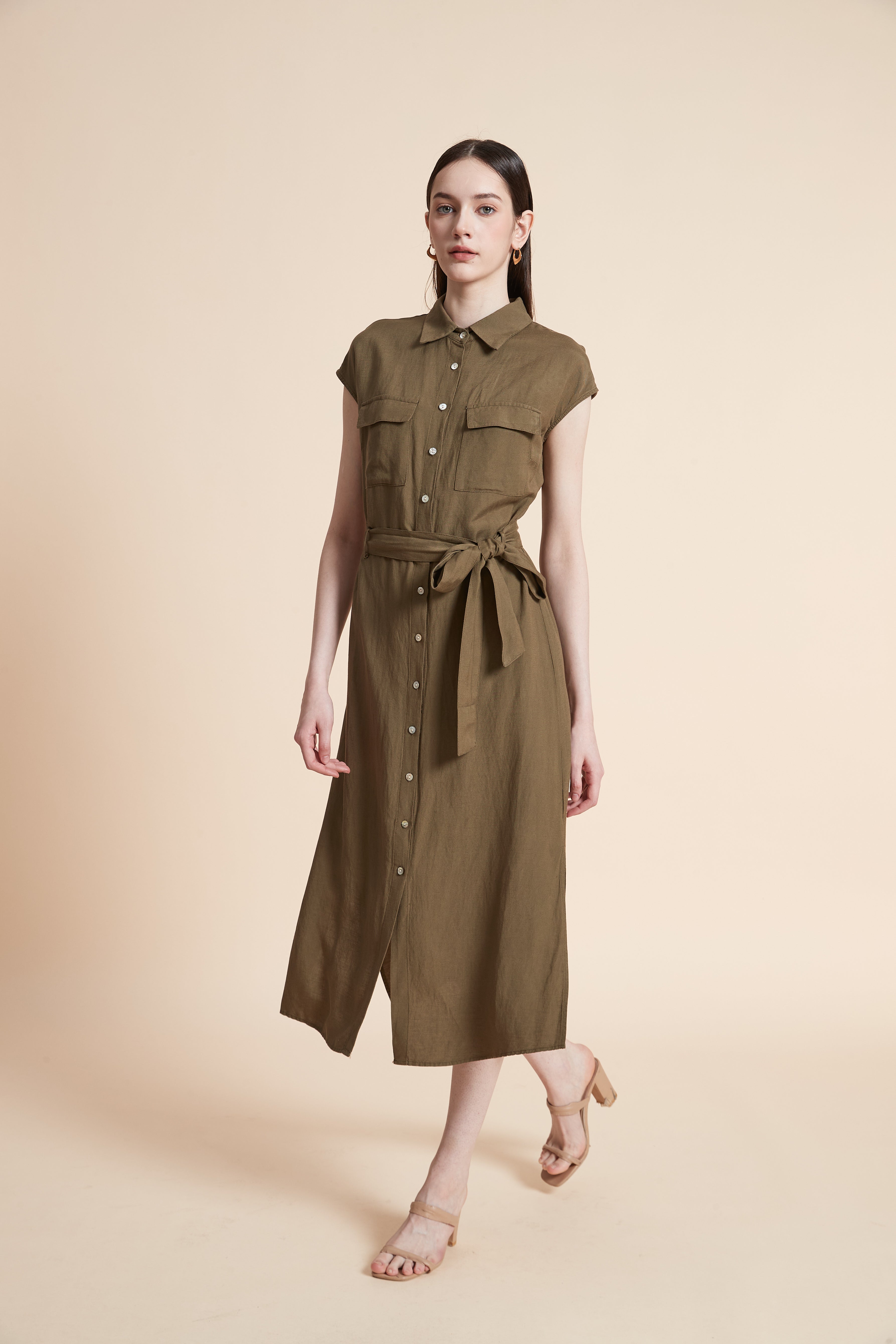 Midi Dress with Waist Tie and Short Sleeves