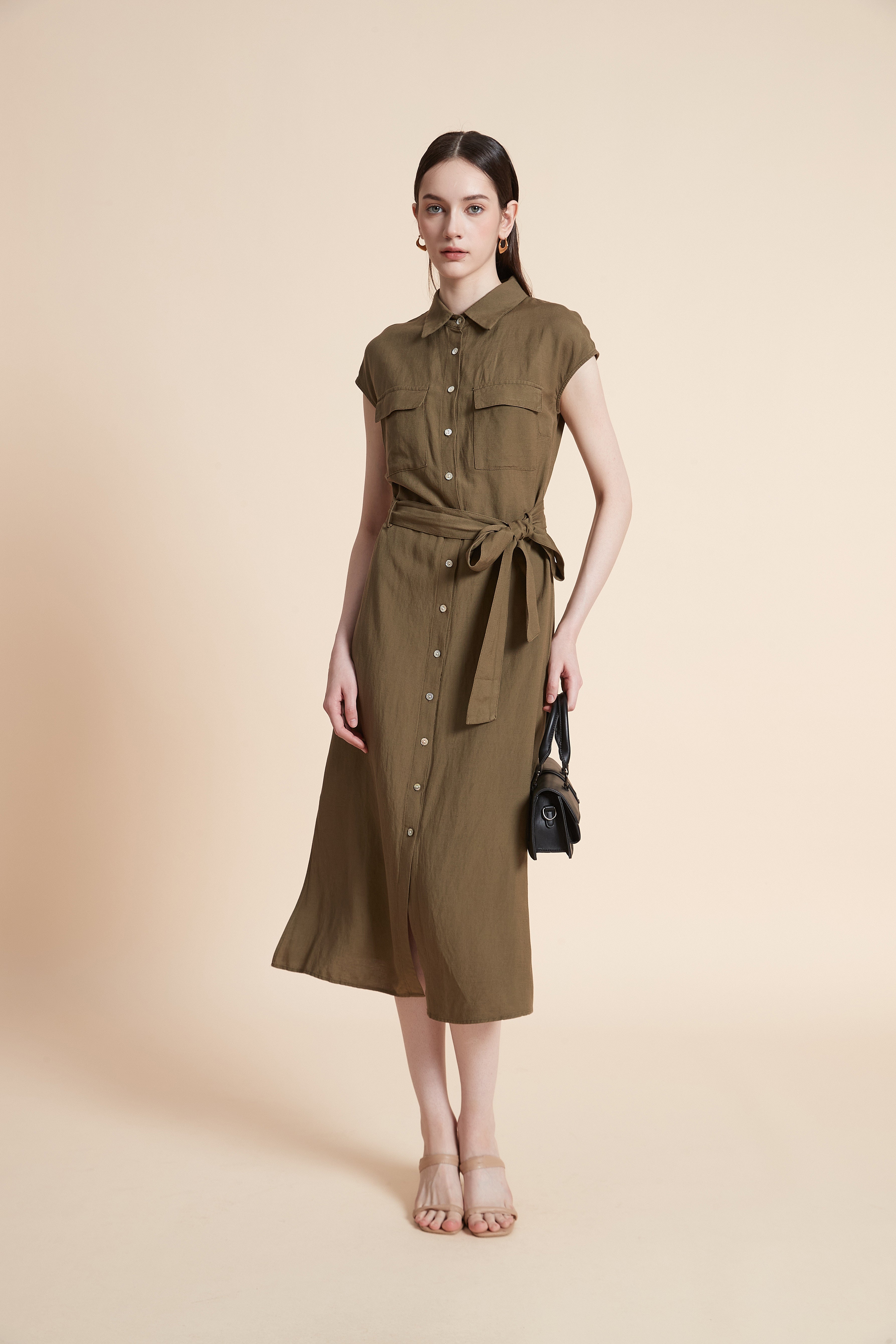 Midi Dress with Waist Tie and Short Sleeves