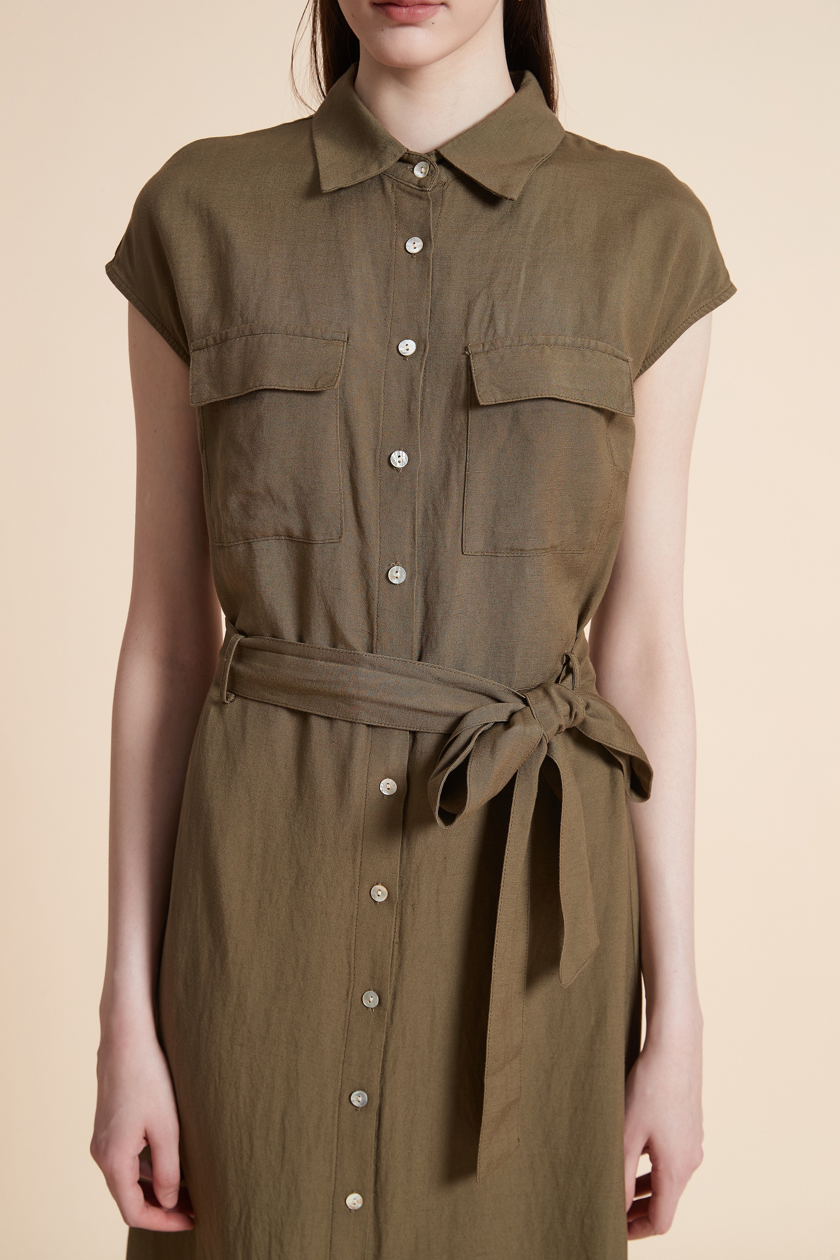 Midi Dress with Waist Tie and Short Sleeves