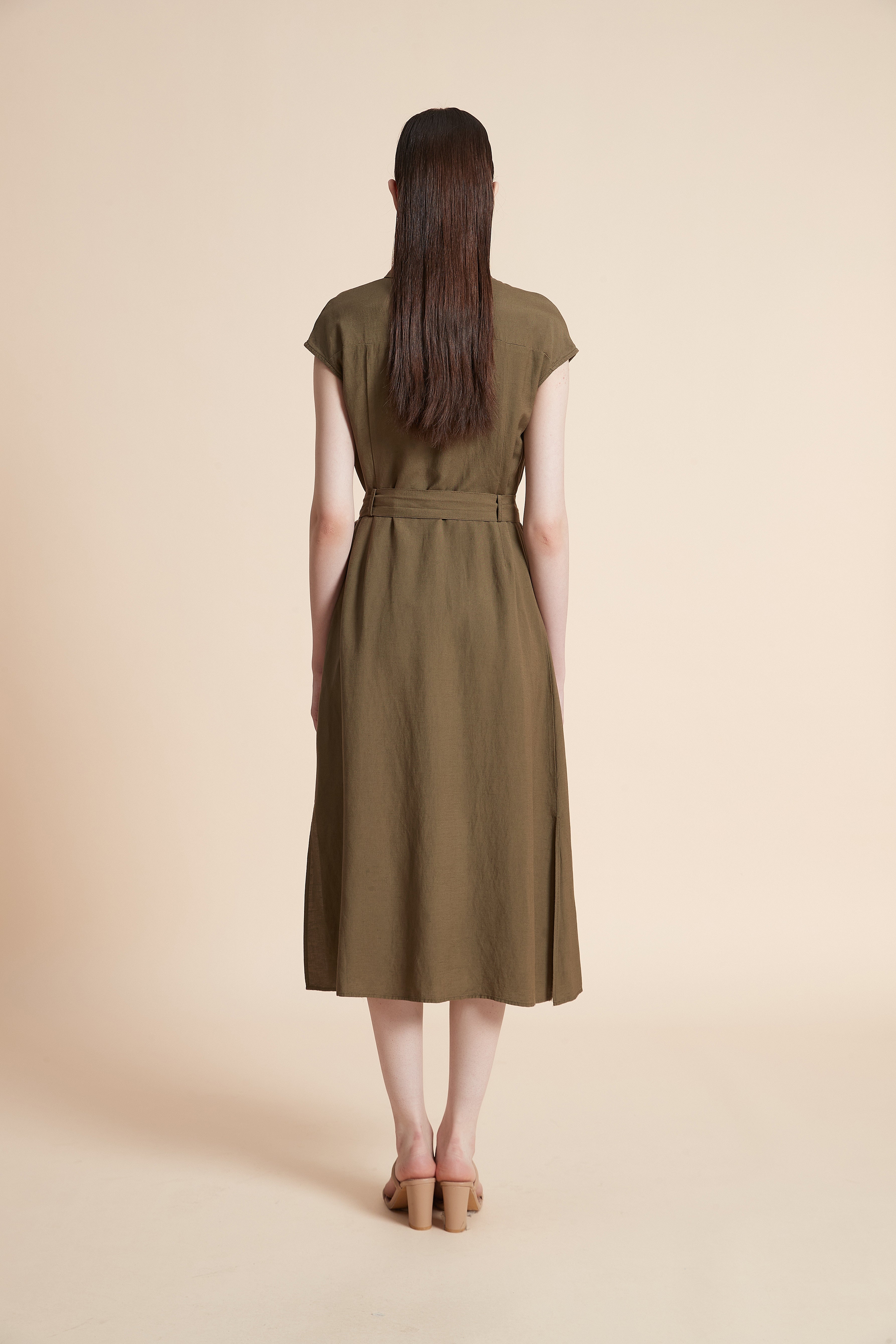 Midi Dress with Waist Tie and Short Sleeves