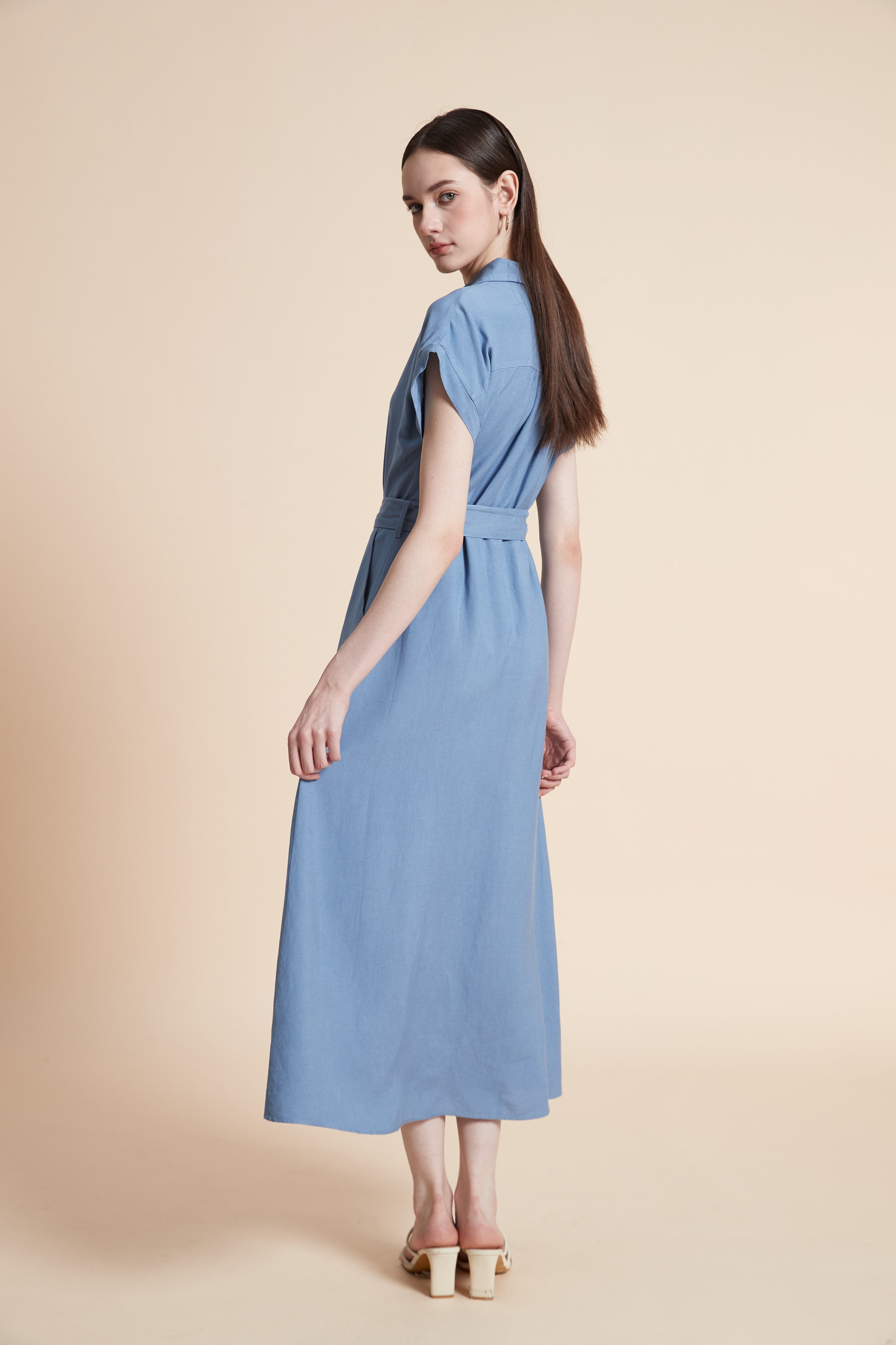 Midi Dress with Waist Belt and Short Sleeves