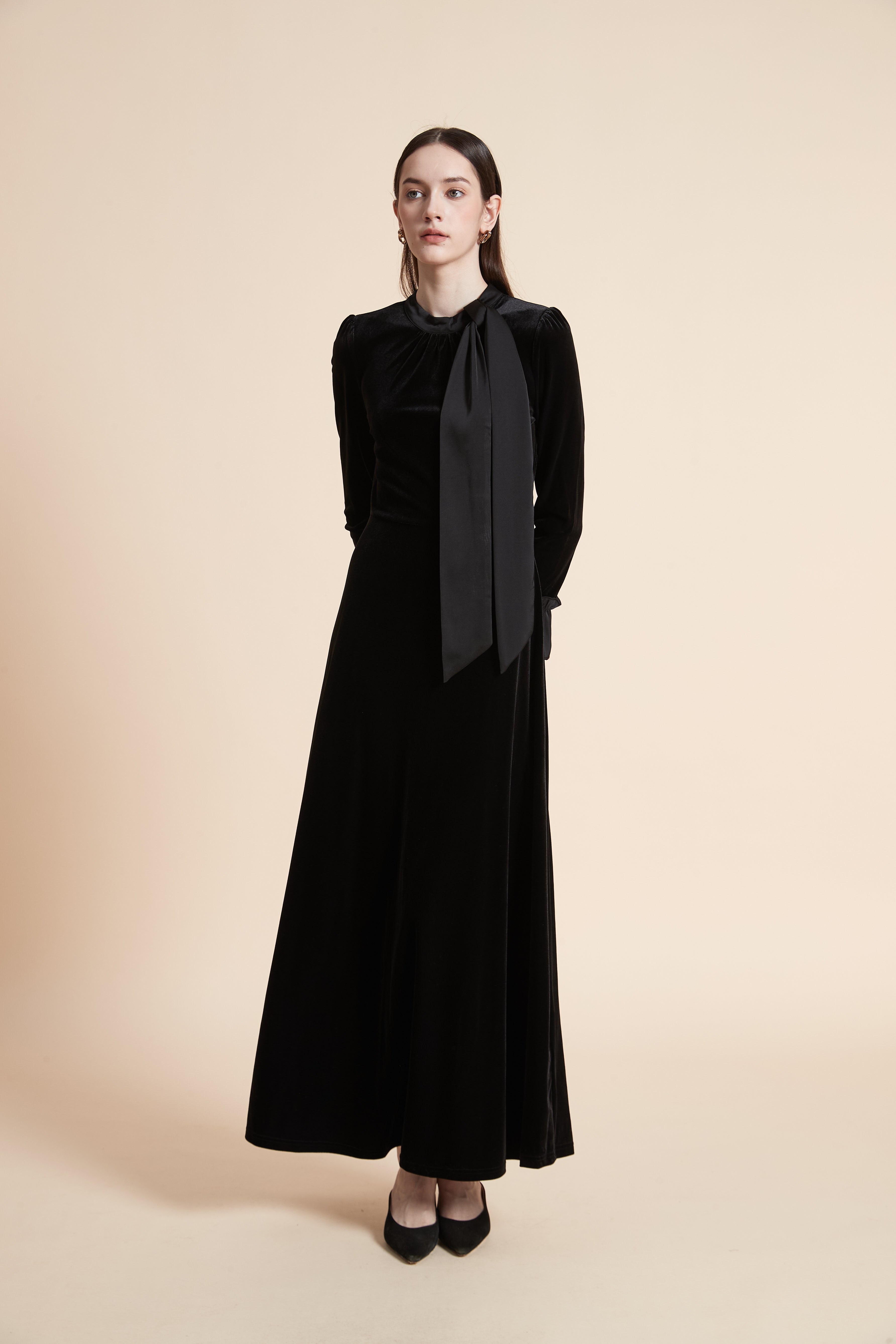 Solid Long Sleeve Maxi Dress with Tie Neck