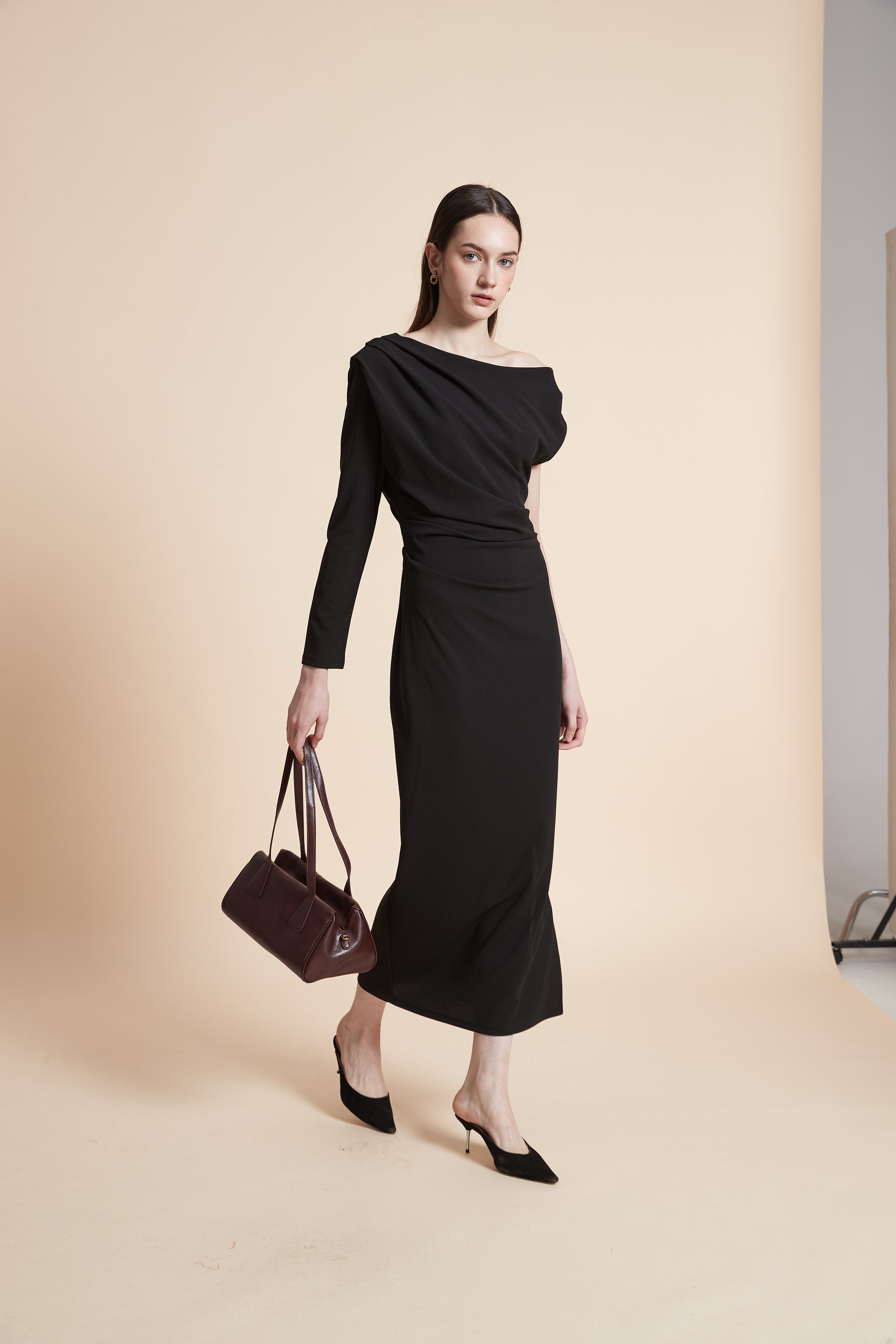 Off-Shoulder Long Sleeve Midi Dress