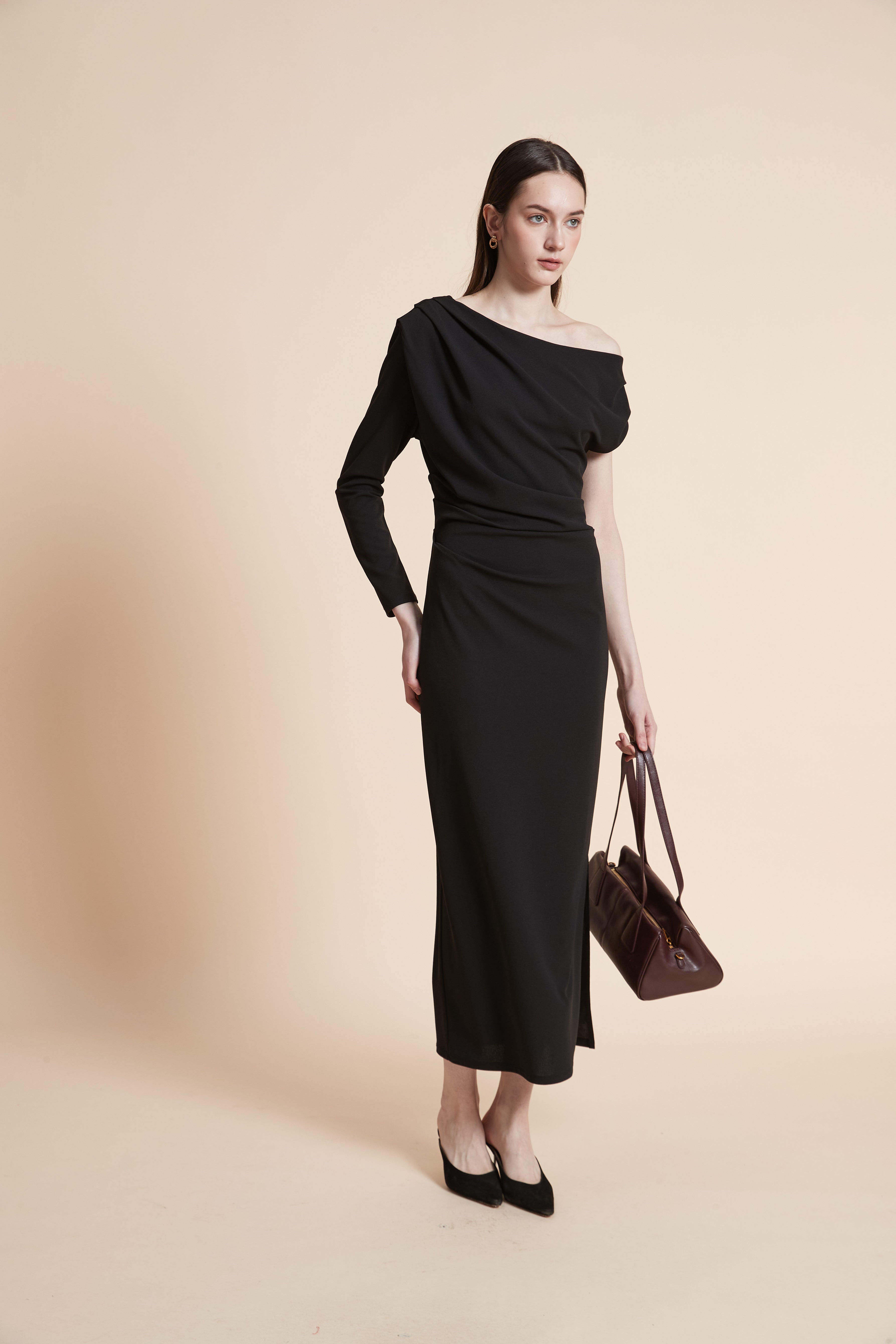Off-Shoulder Long Sleeve Midi Dress