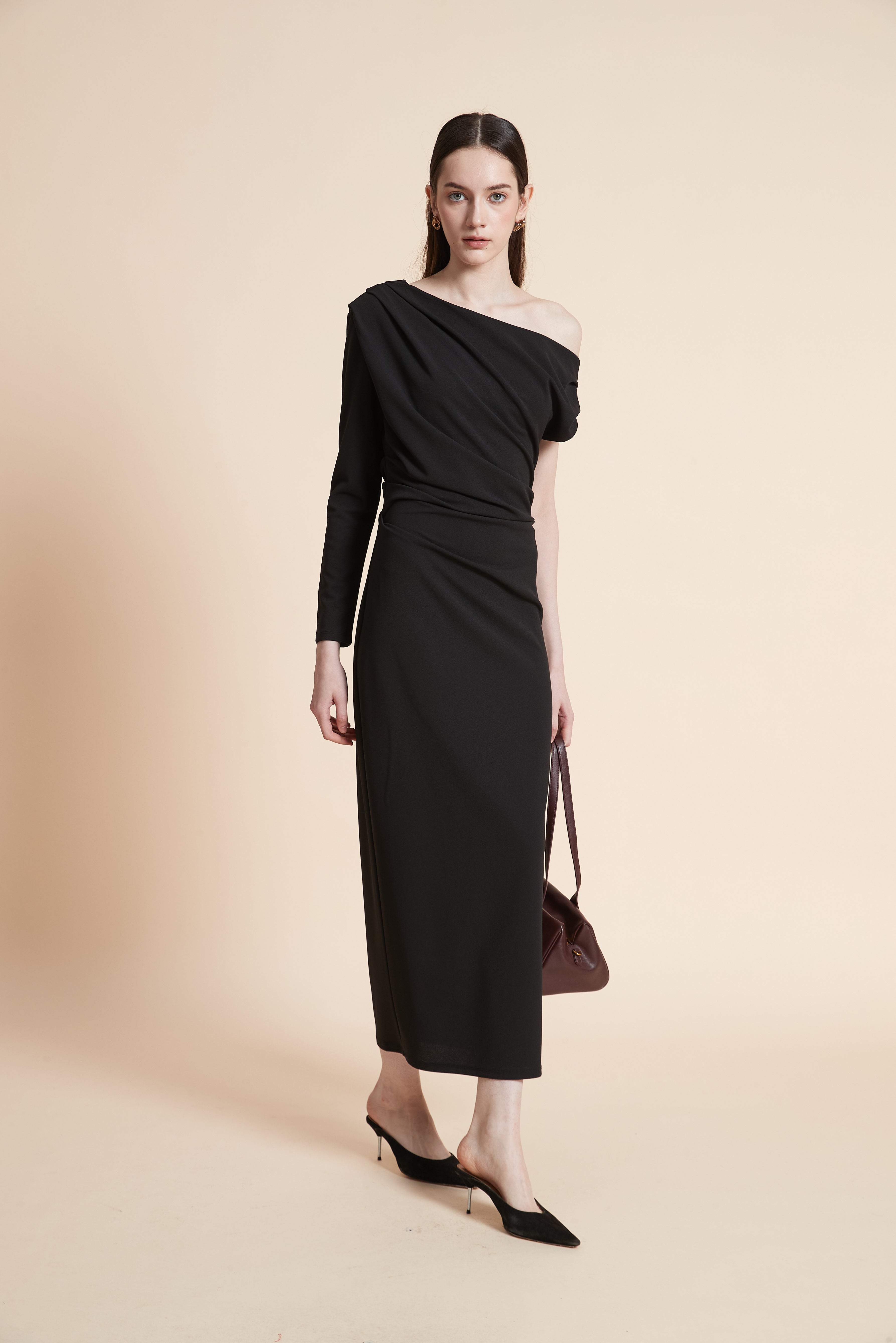 Off-Shoulder Long Sleeve Midi Dress