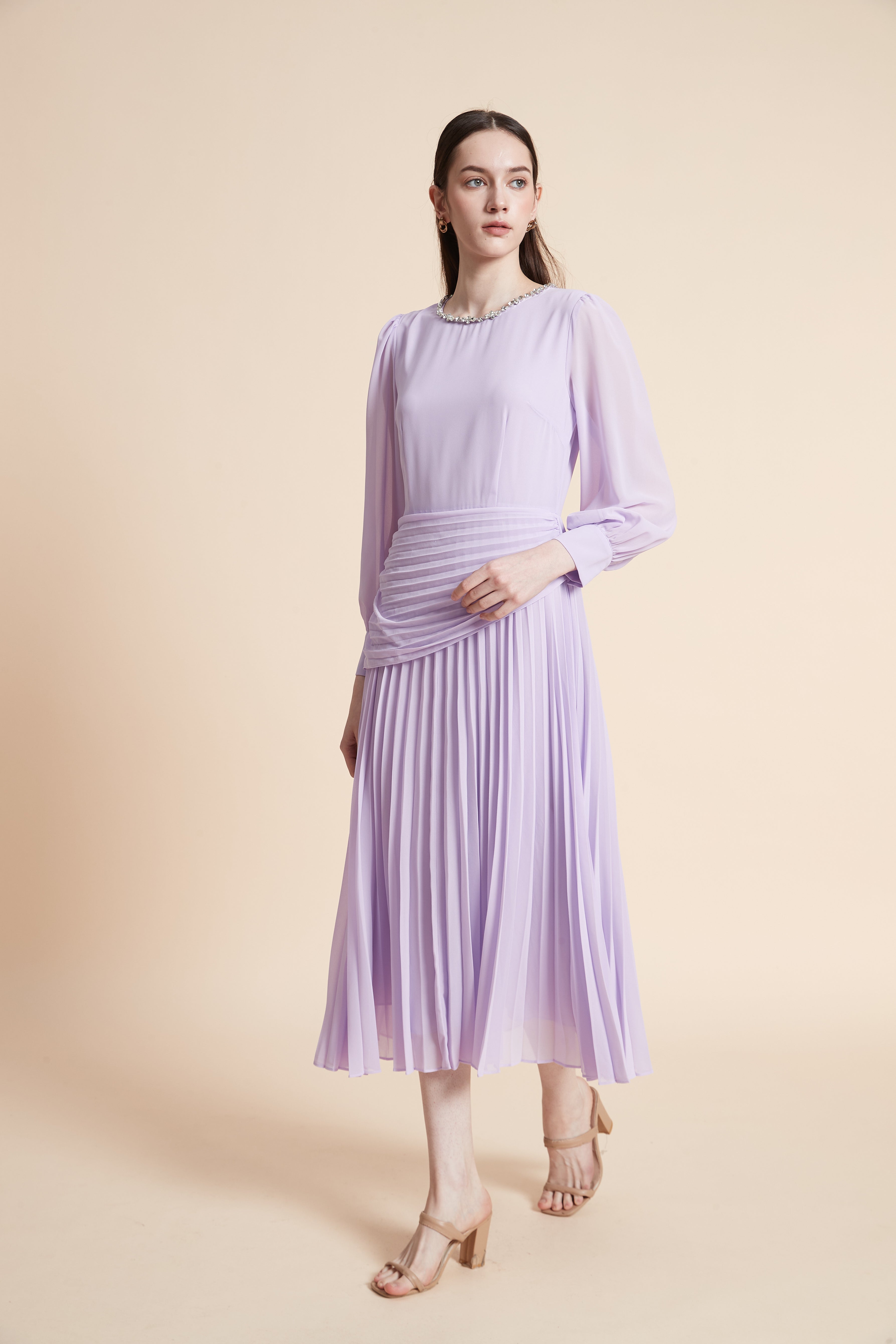 Long Sleeve Pleated Midi Dress