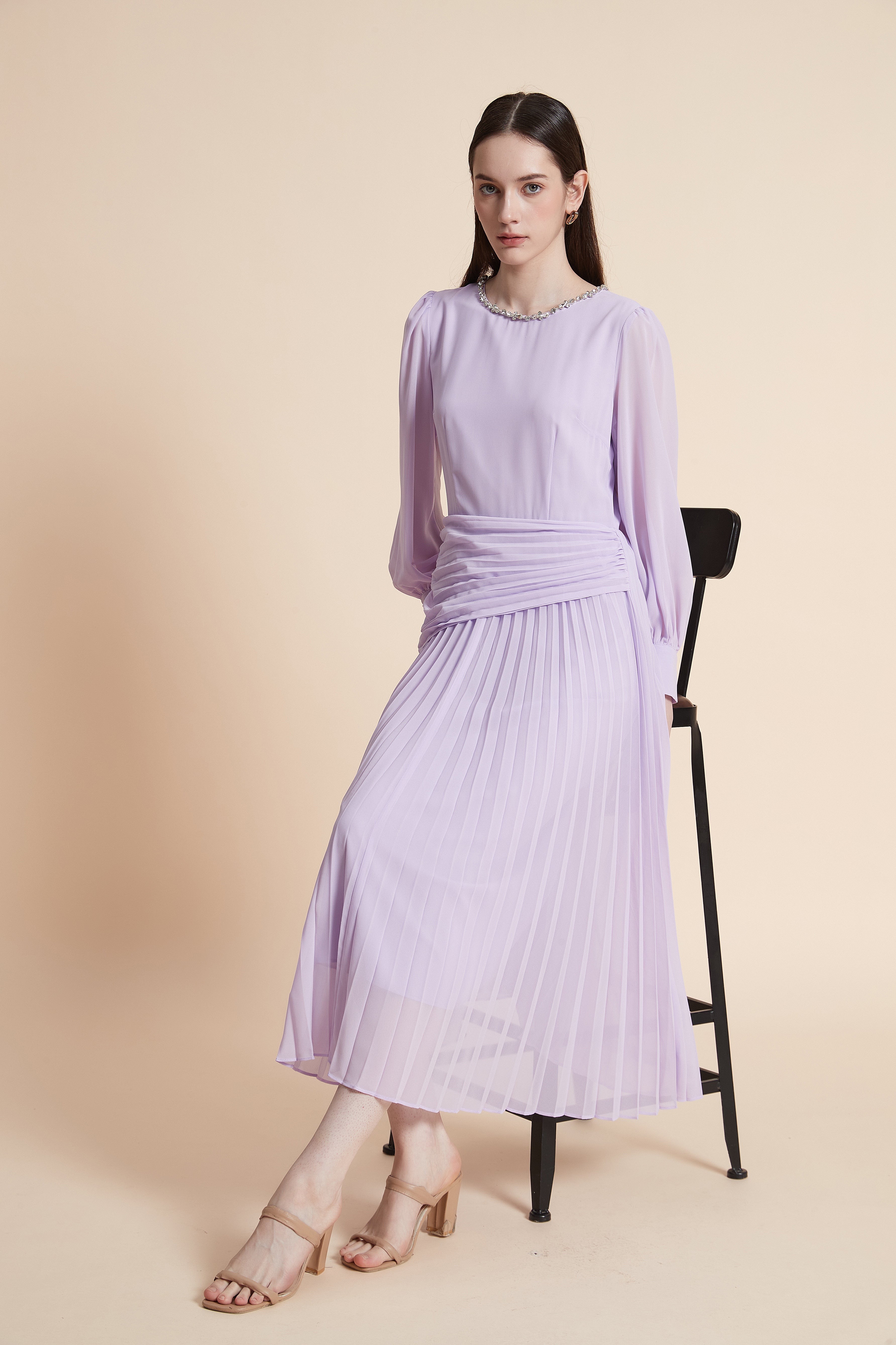 Long Sleeve Pleated Midi Dress