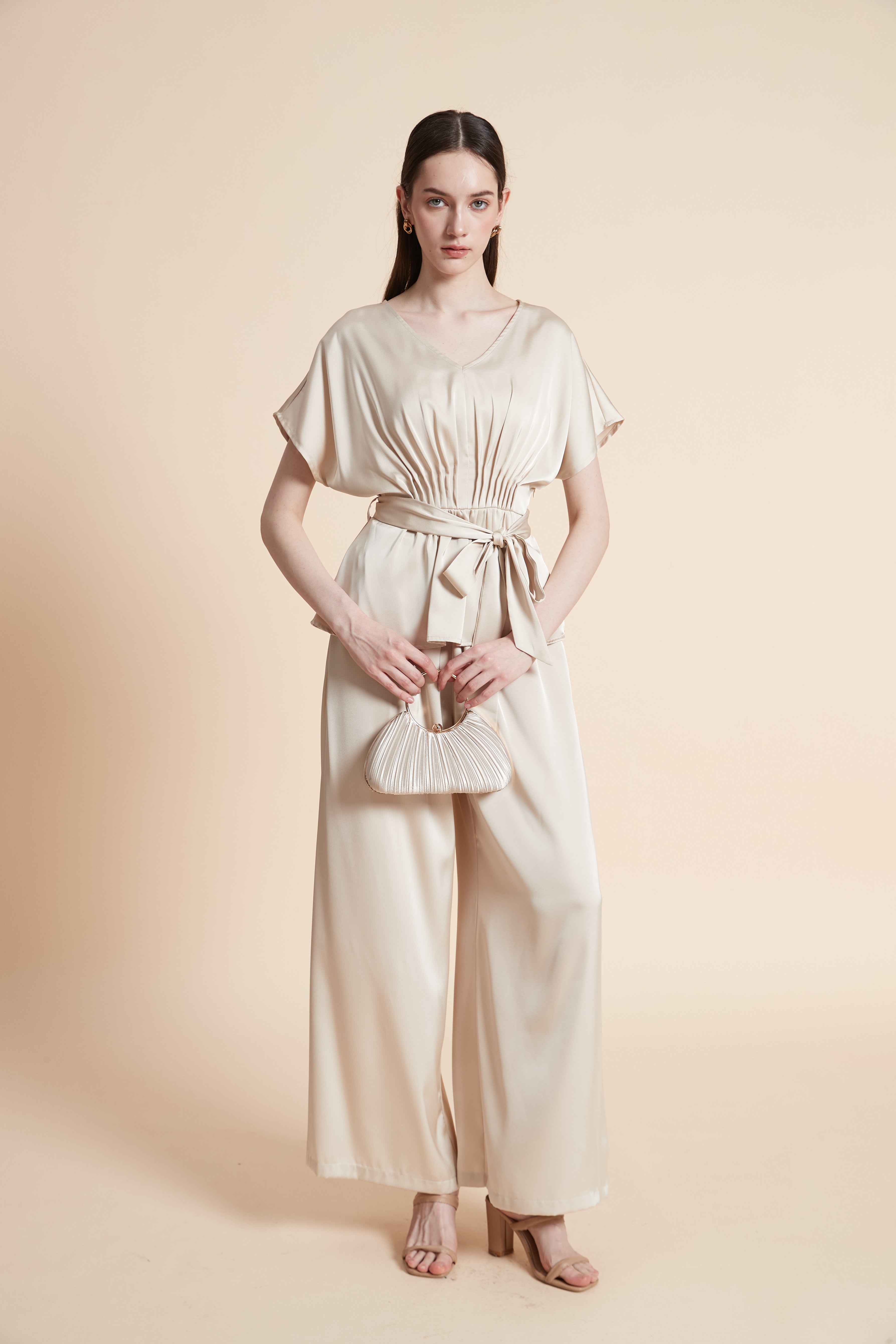 Solid Short Sleeve Blouse with Waist Tie