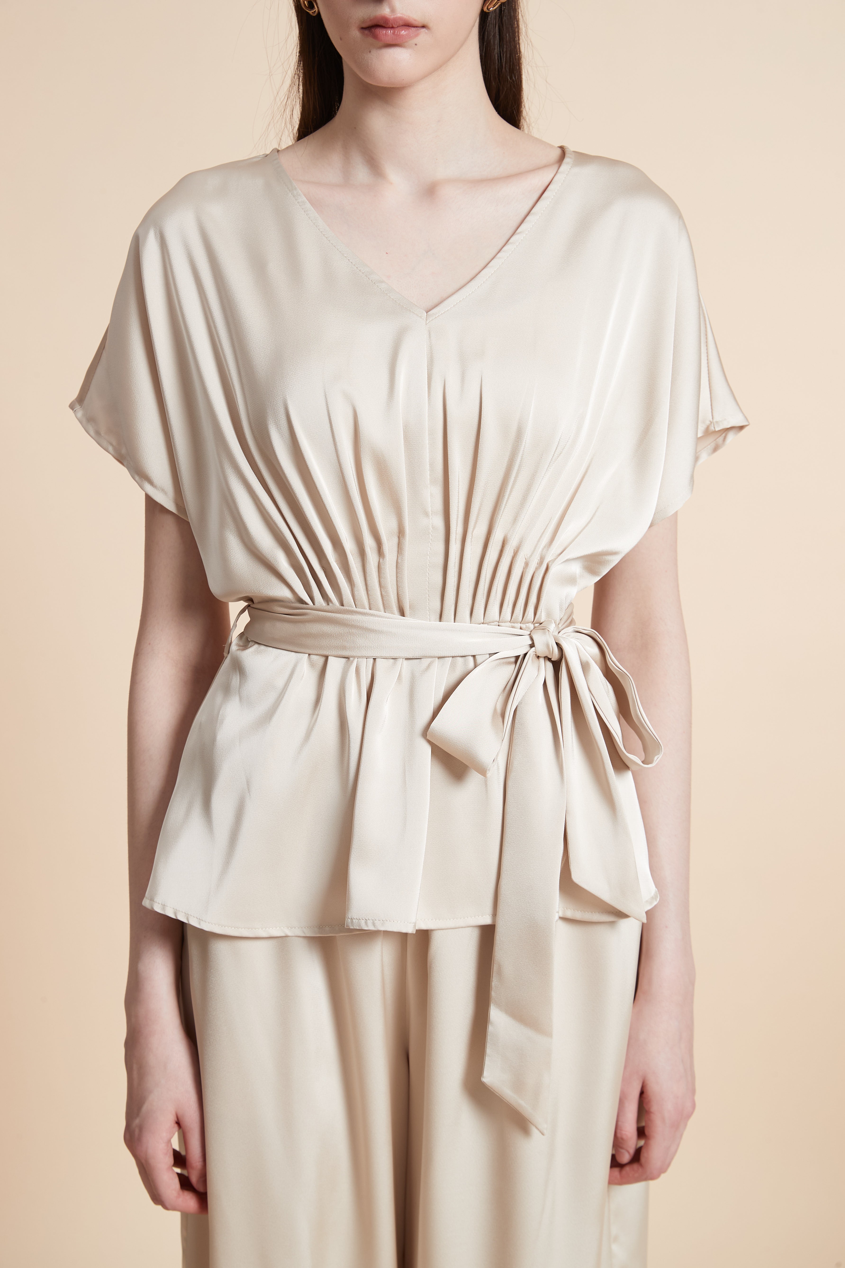 Solid Short Sleeve Blouse with Waist Tie