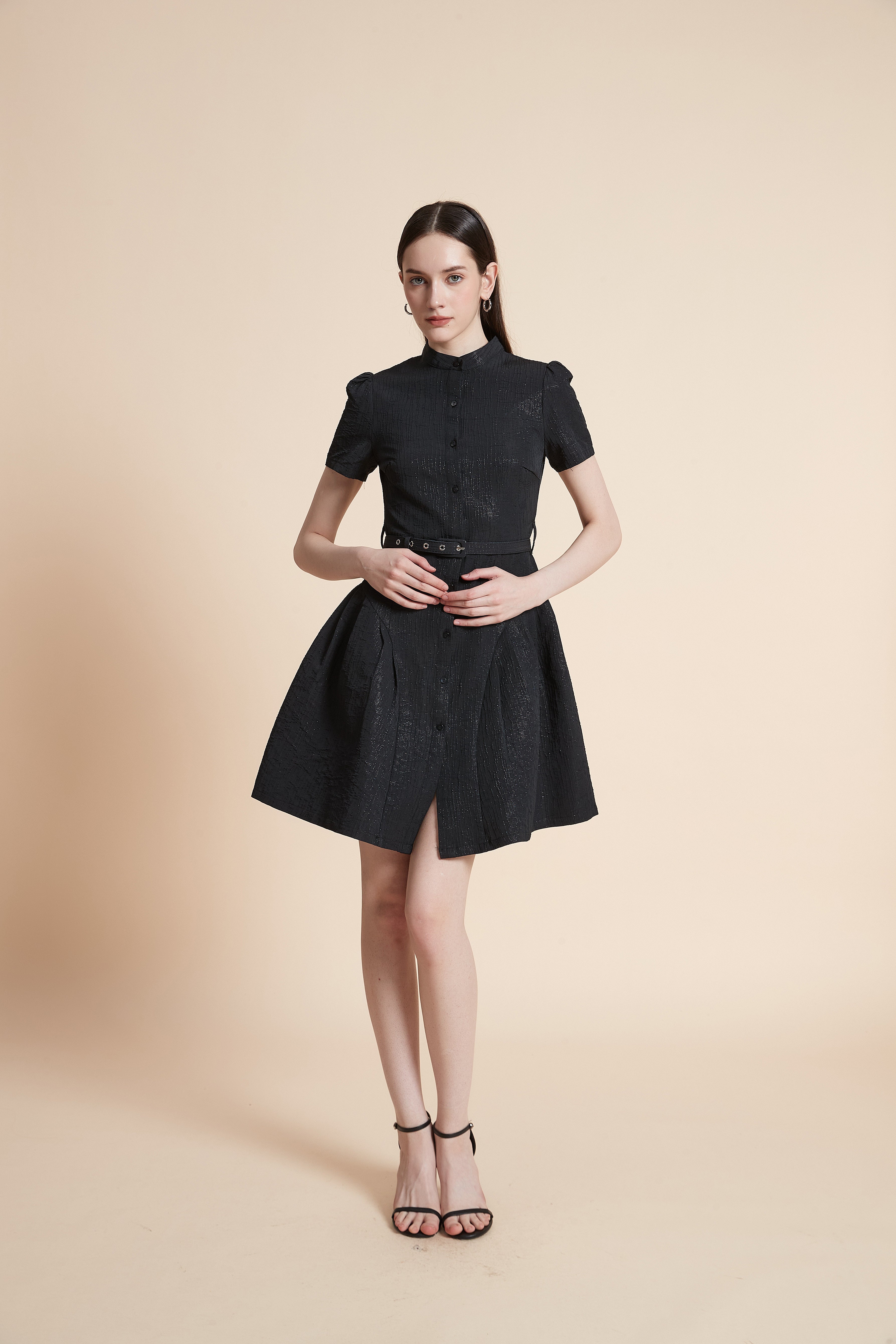 Knee-Length Dress with Belt and Short Sleeves