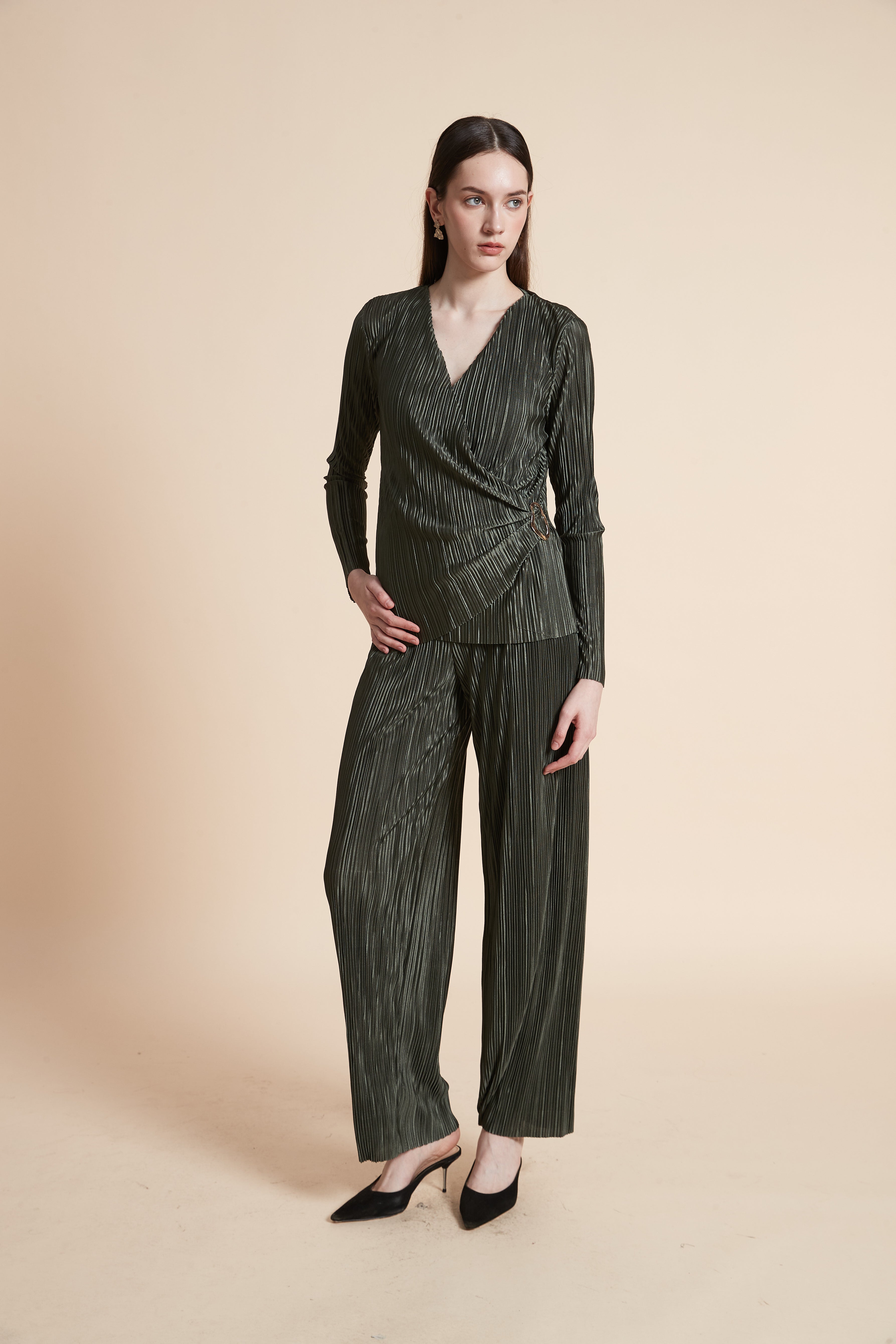 Long Sleeve Pleated Wrap Blouse