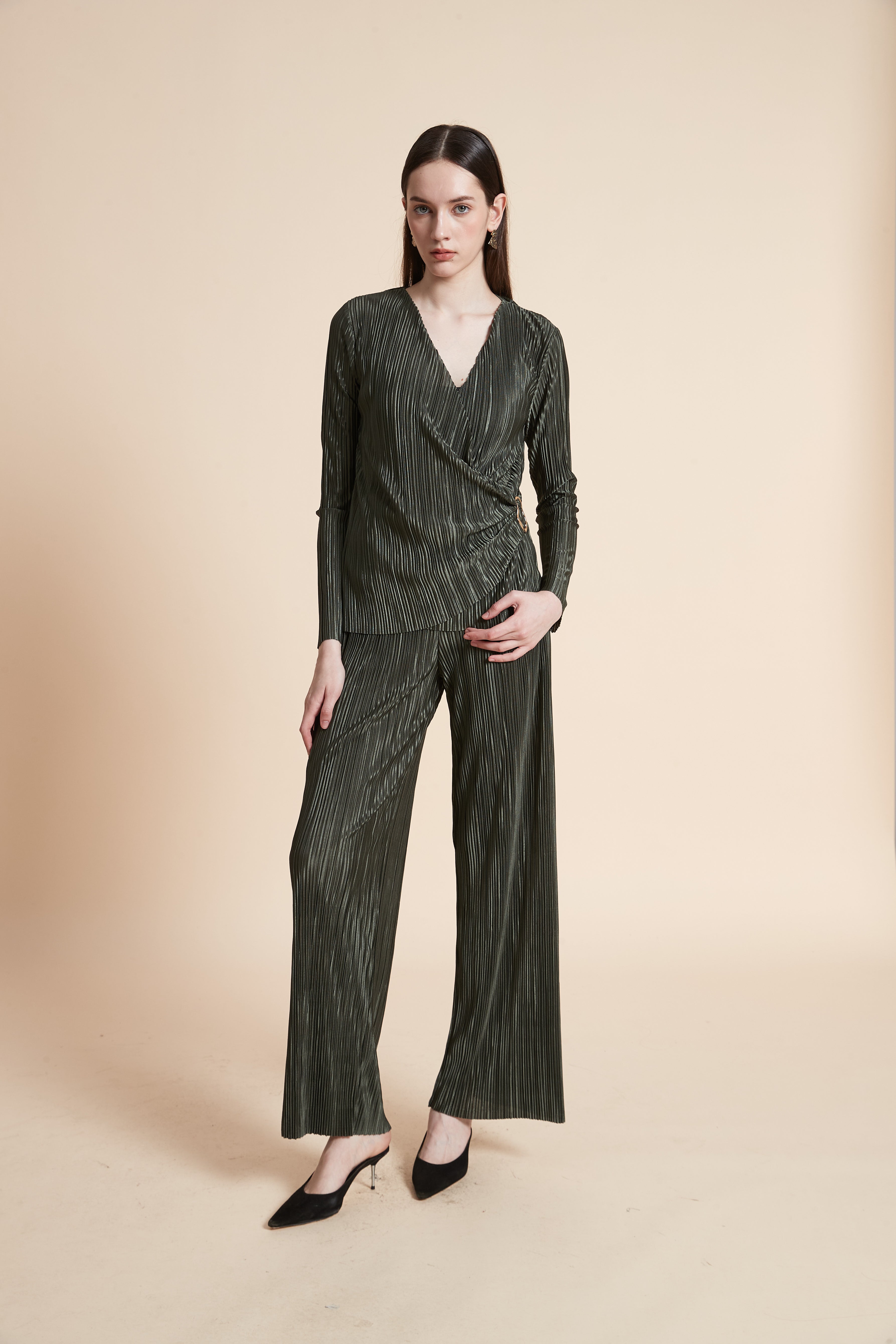 Long Sleeve Pleated Wrap Blouse