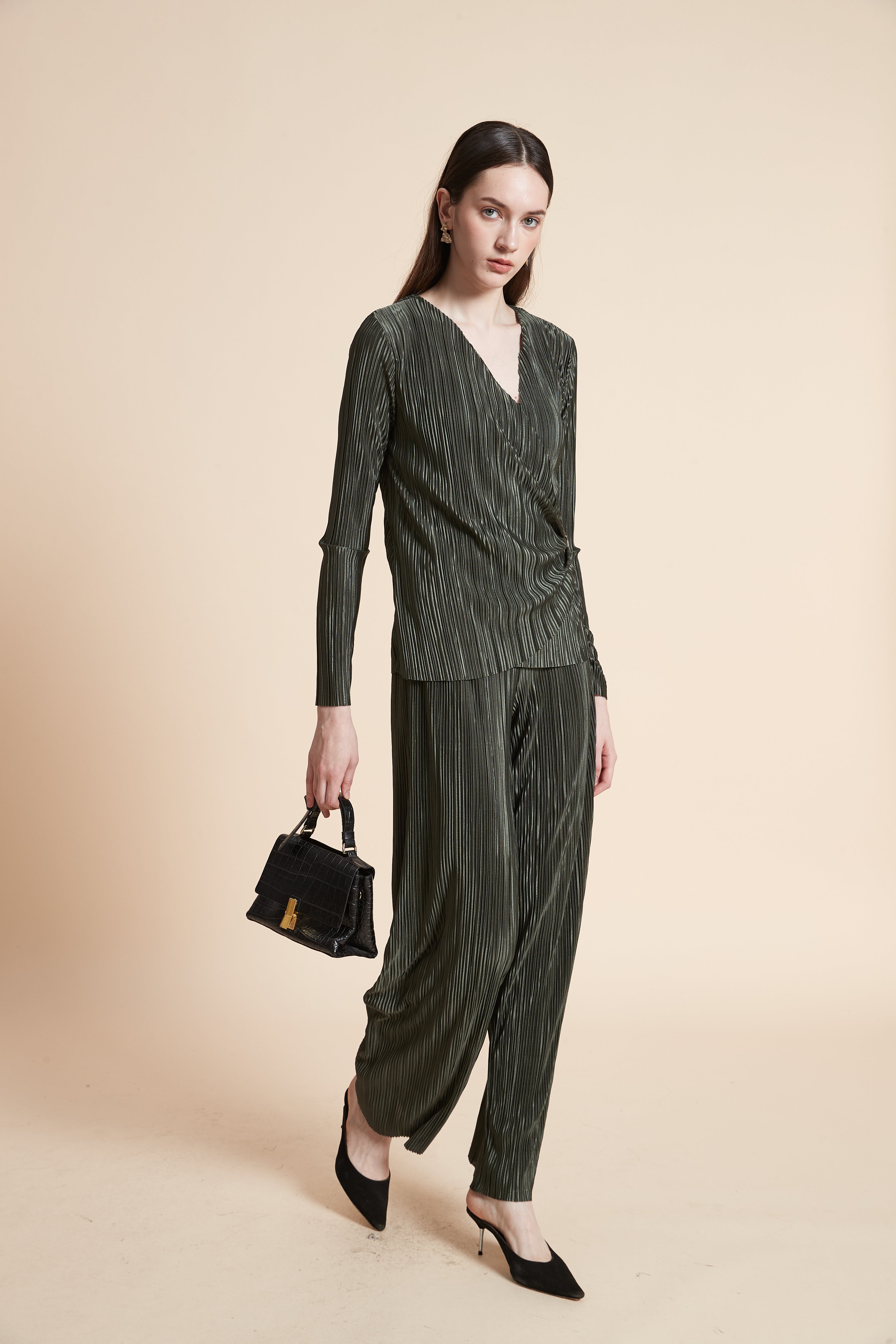 Long Sleeve Pleated Wrap Blouse