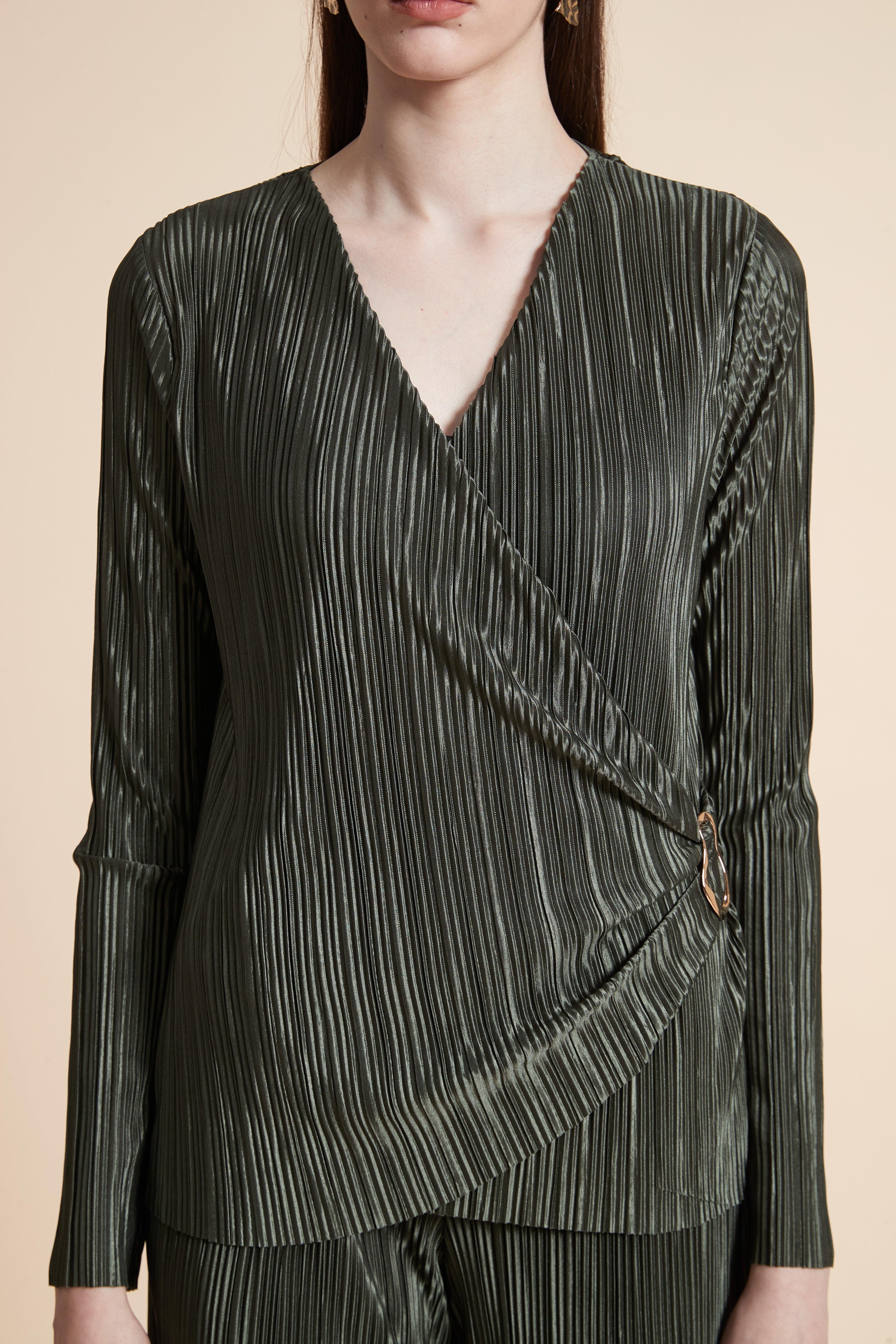Long Sleeve Pleated Wrap Blouse