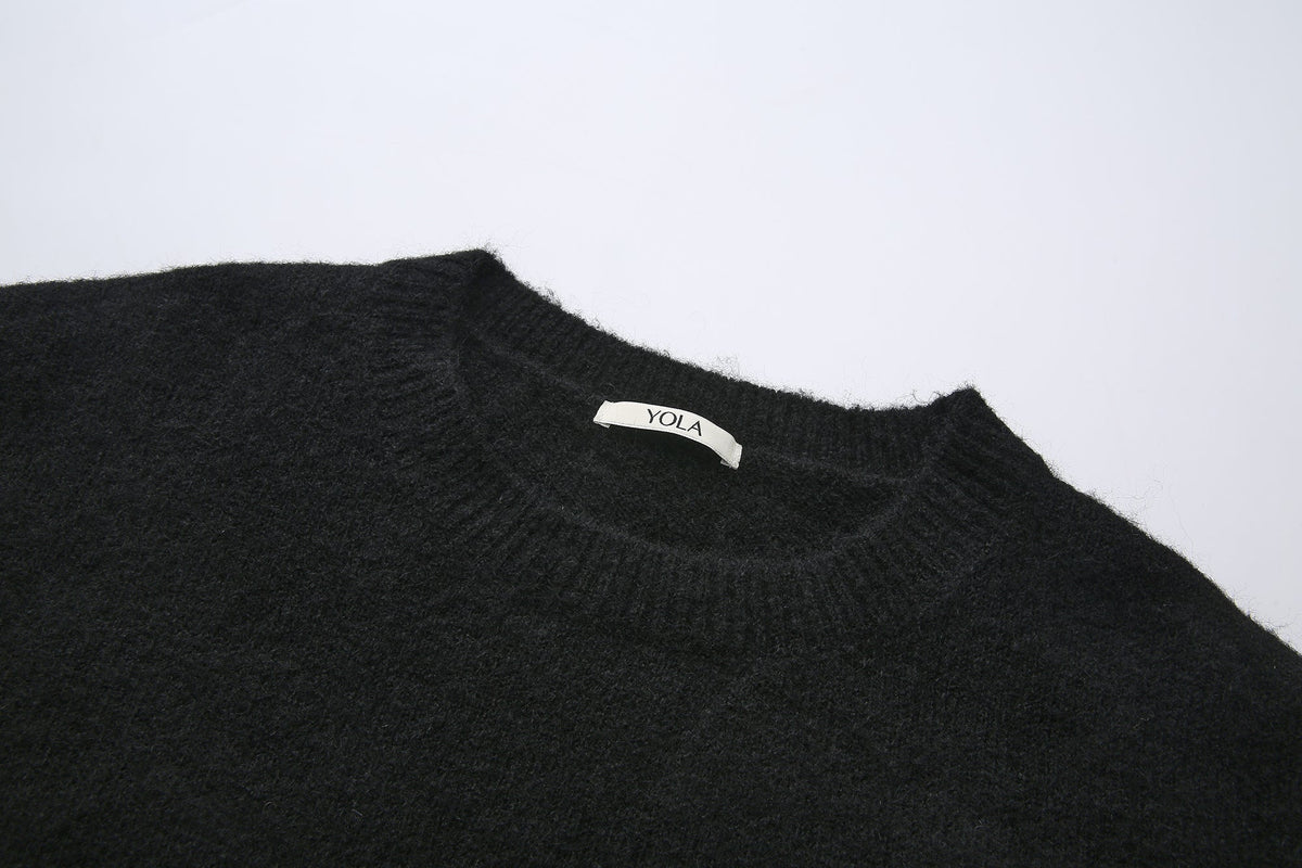 Short Plain Long-Sleeve Sweater With Lace Hem
