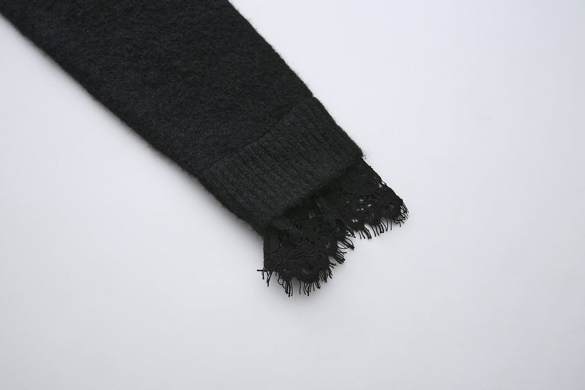 Short Plain Long-Sleeve Sweater With Lace Hem