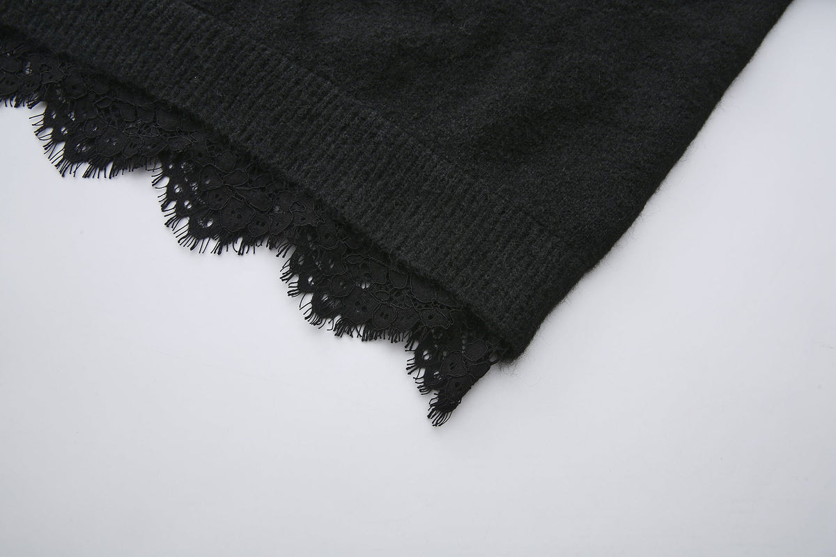 Short Plain Long-Sleeve Sweater With Lace Hem