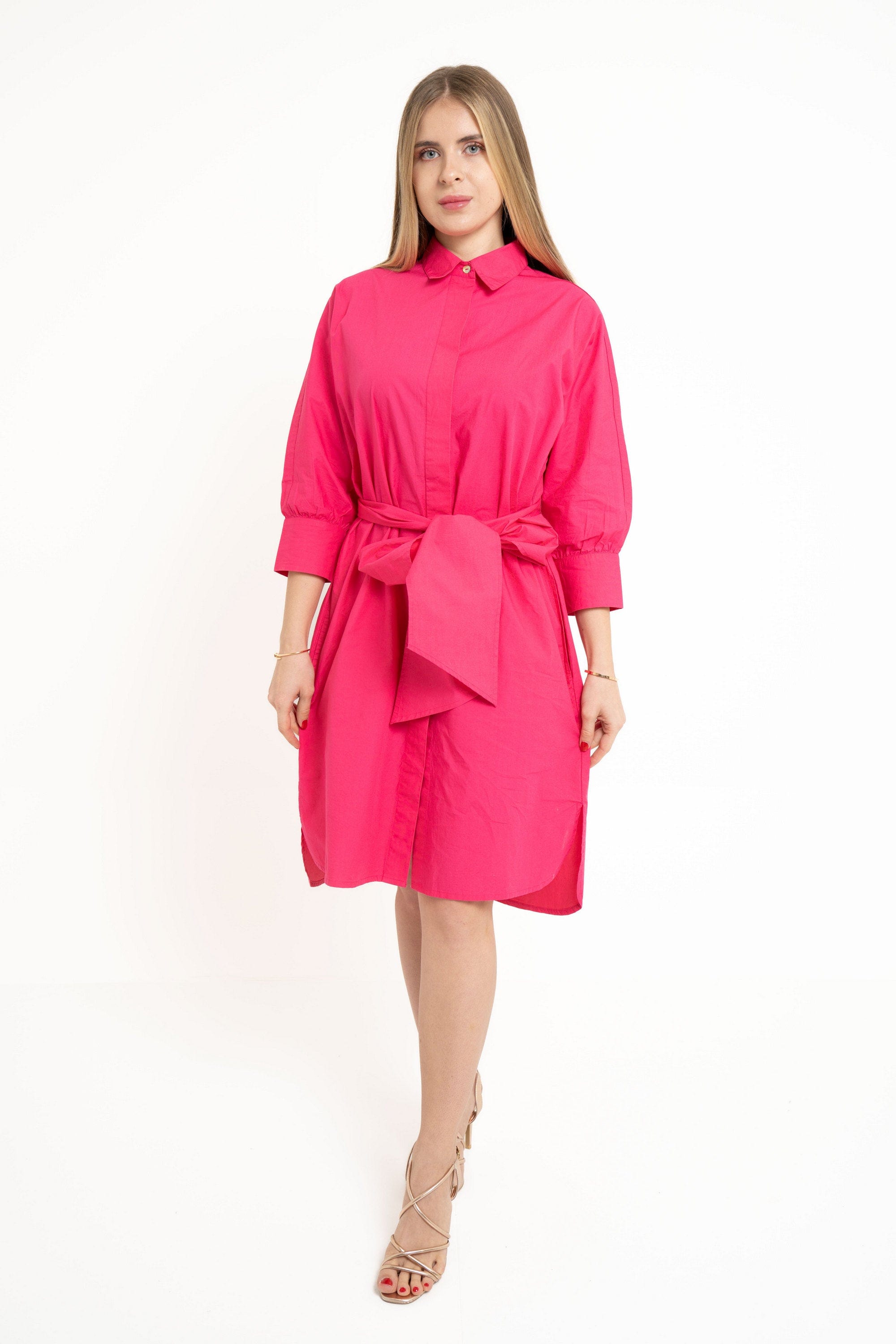 Yola 3/4 Sleeves Dress with Waist Belt, Solid Color