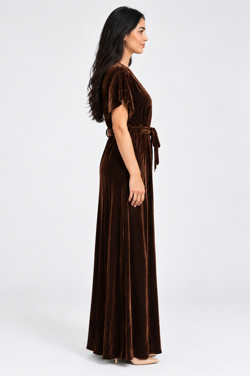 Pleated Maxi Dress with Waist Belt