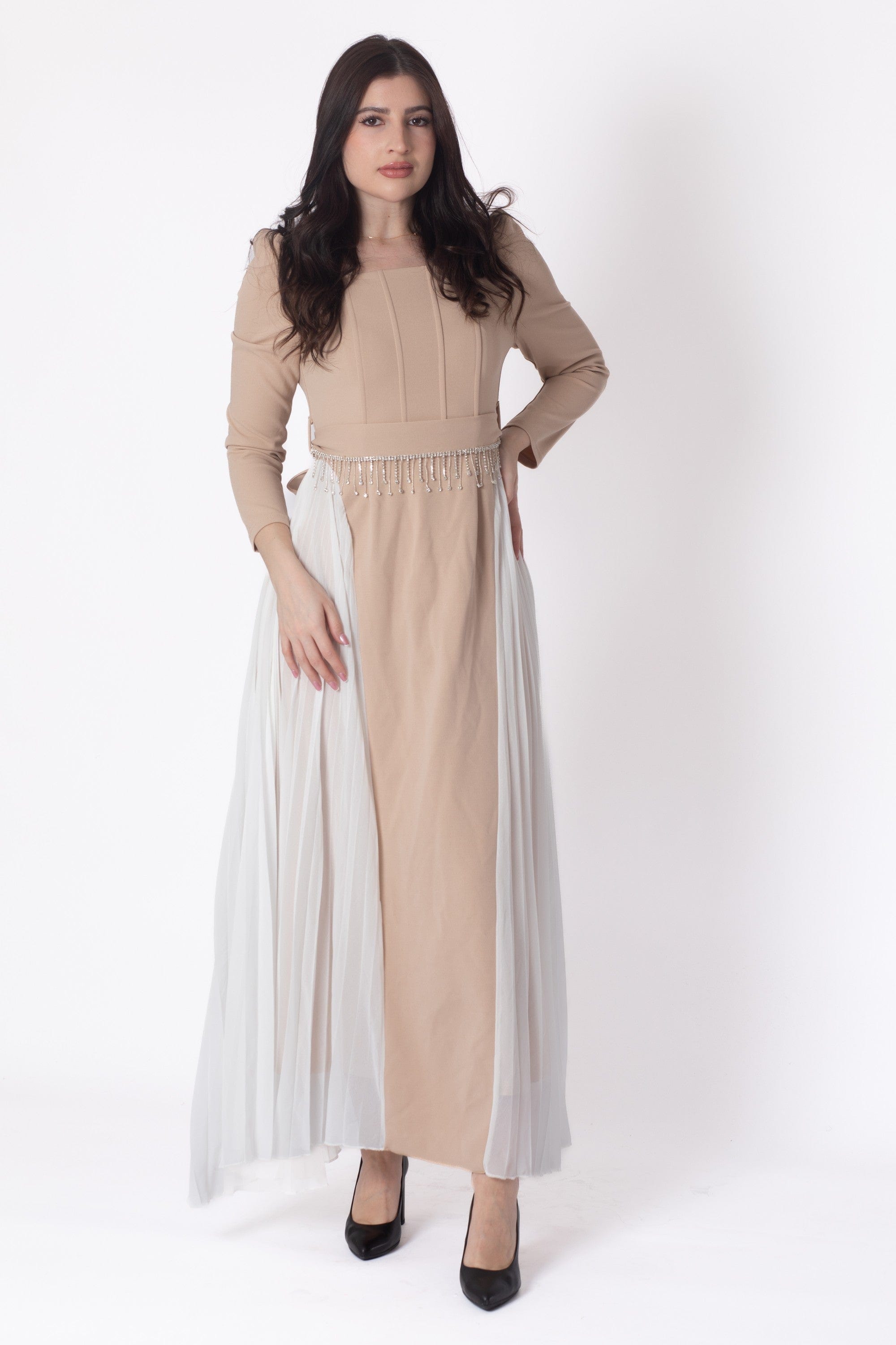 Yola Maxi Pleated Dress with Side Pleats, Long Sleeve