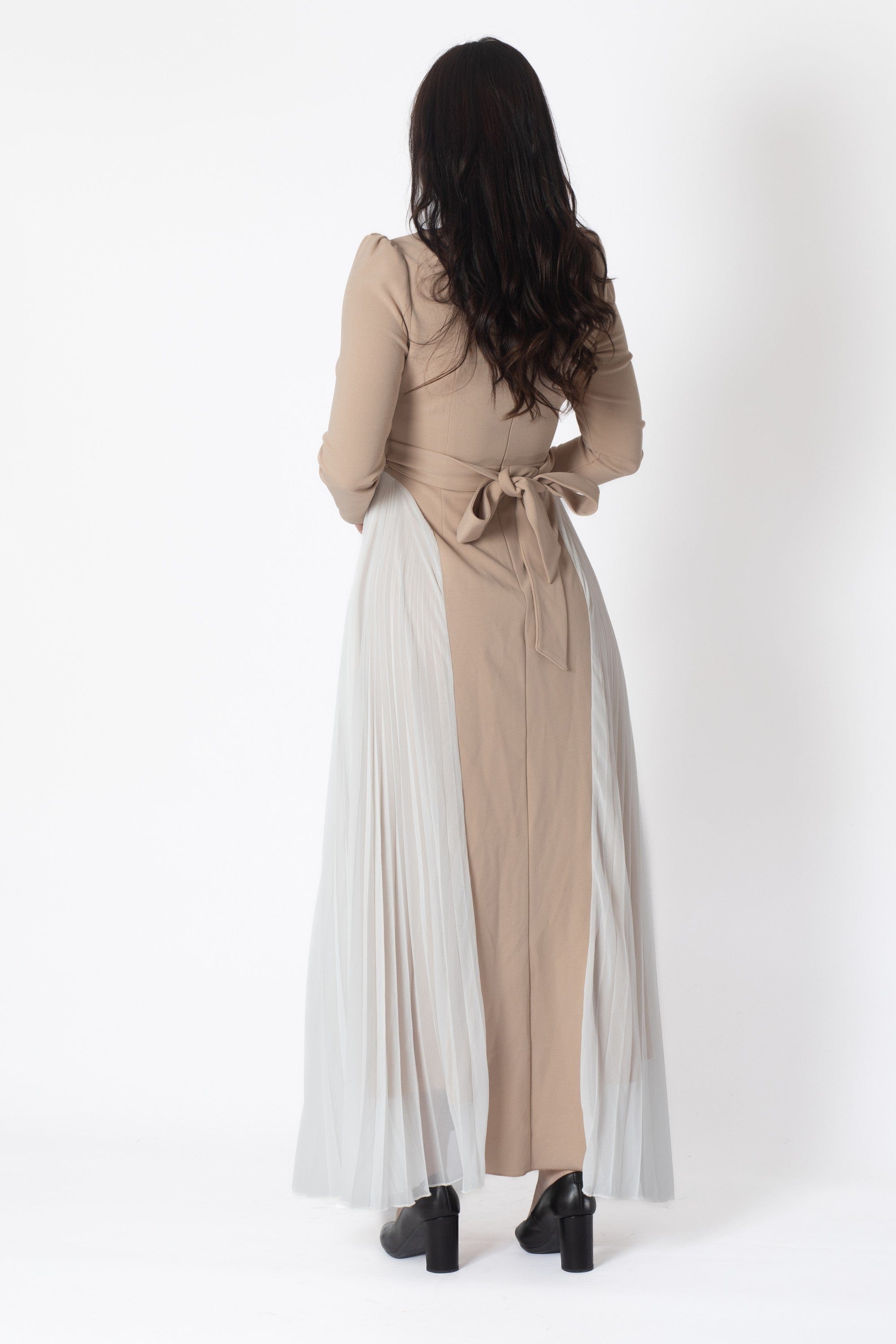 Yola Maxi Pleated Dress with Side Pleats, Long Sleeve